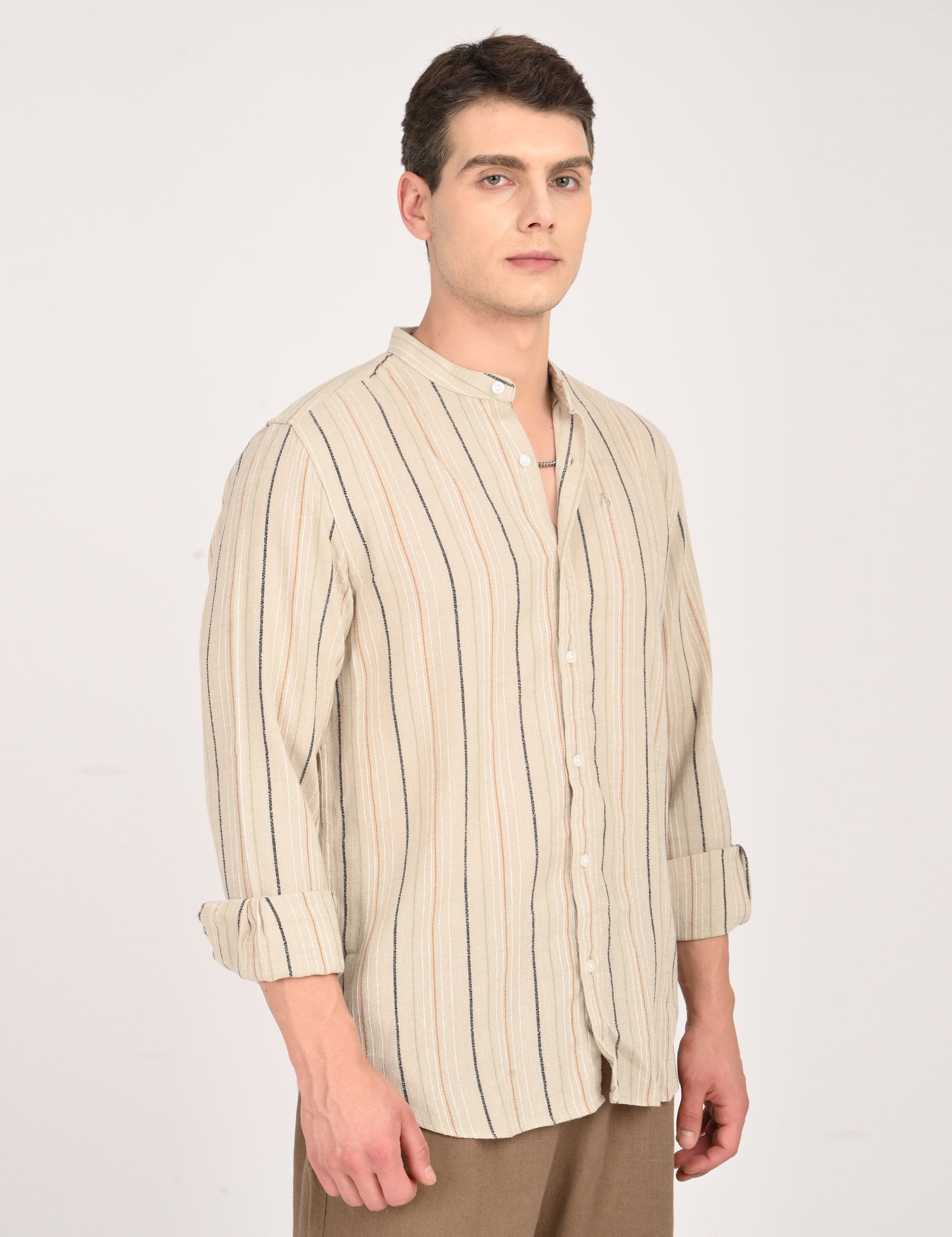 Tapered Fit Full Sleeve Striped Ecru Shirt