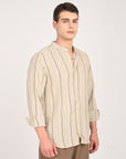 Tapered Fit Full Sleeve Striped Ecru Shirt