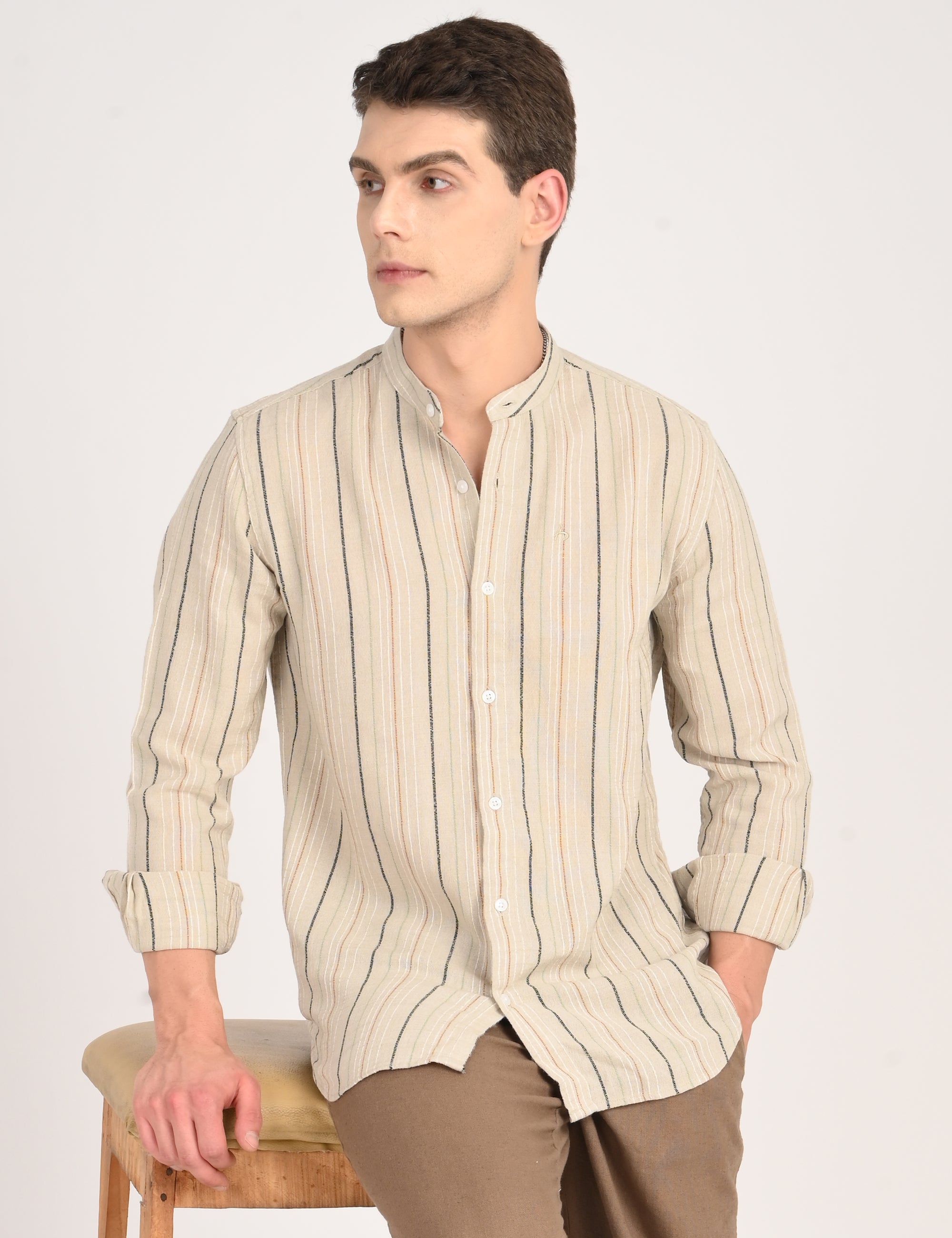 Tapered Fit Full Sleeve Striped Ecru Shirt