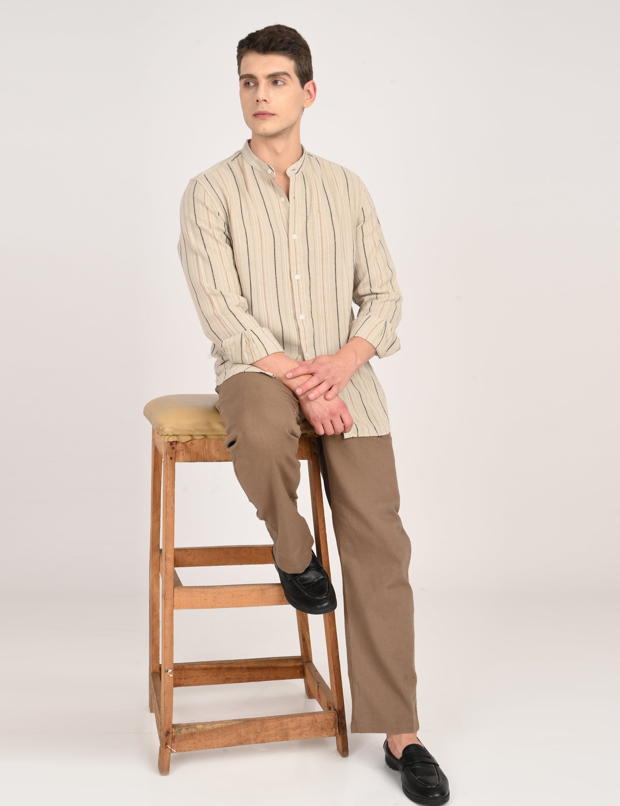 Tapered Fit Full Sleeve Striped Ecru Shirt