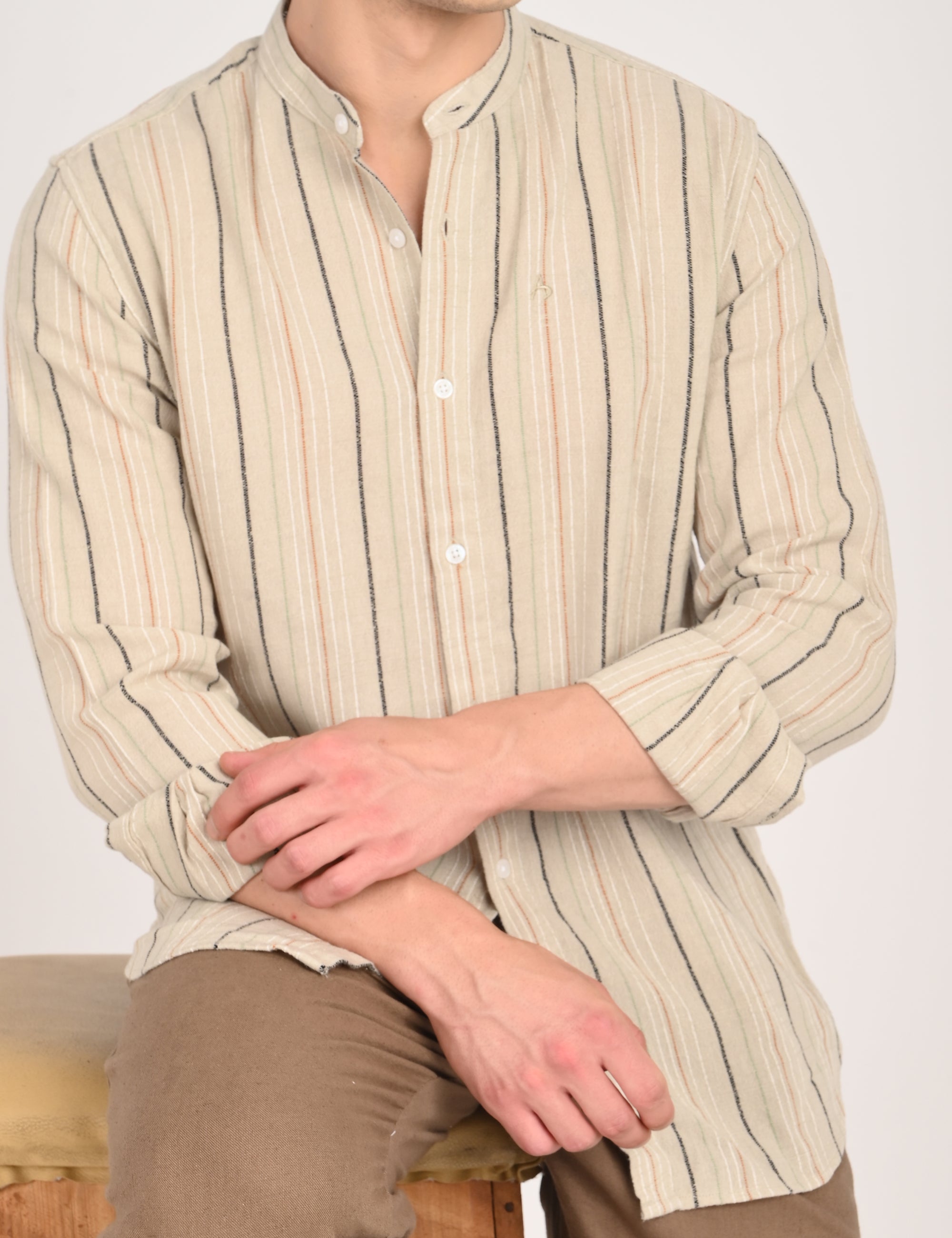 Tapered Fit Full Sleeve Striped Ecru Shirt