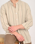 Tapered Fit Full Sleeve Striped Ecru Shirt