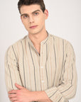 Tapered Fit Full Sleeve Striped Ecru Shirt