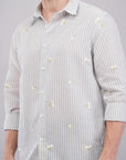 Striped Blue Floral Embroidery Relaxed Fit Full Sleeve Shirt