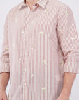 Striped Red Floral Embroidery Relaxed Fit Full Sleeve Shirt