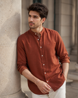 Brick Red Tapered Fit Mandarin Collar Shirt