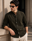 Olive Green Tapered Fit Mandarin Collar Shirt