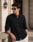 Black Tapered Fit Mandarin Collar Shirt