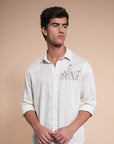 Herbs Embroidery Linen Relaxed Fit Half White Shirt