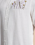 Herbs Embroidery Linen Relaxed Fit Half White Shirt