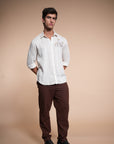 Herbs Embroidery Linen Relaxed Fit Half White Shirt