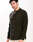 Olive Green Tapered Fit Mandarin Collar Shirt