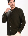 Olive Green Tapered Fit Mandarin Collar Shirt