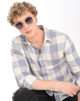 Relaxed Fit Steel Blue Full Sleeve Check Shirt