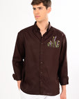 Herbs Embroidery Linen Shirt – Brown | Relaxed Fit