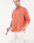 Linen Relaxed Fit Peach Orange Full-Sleeve Shirt