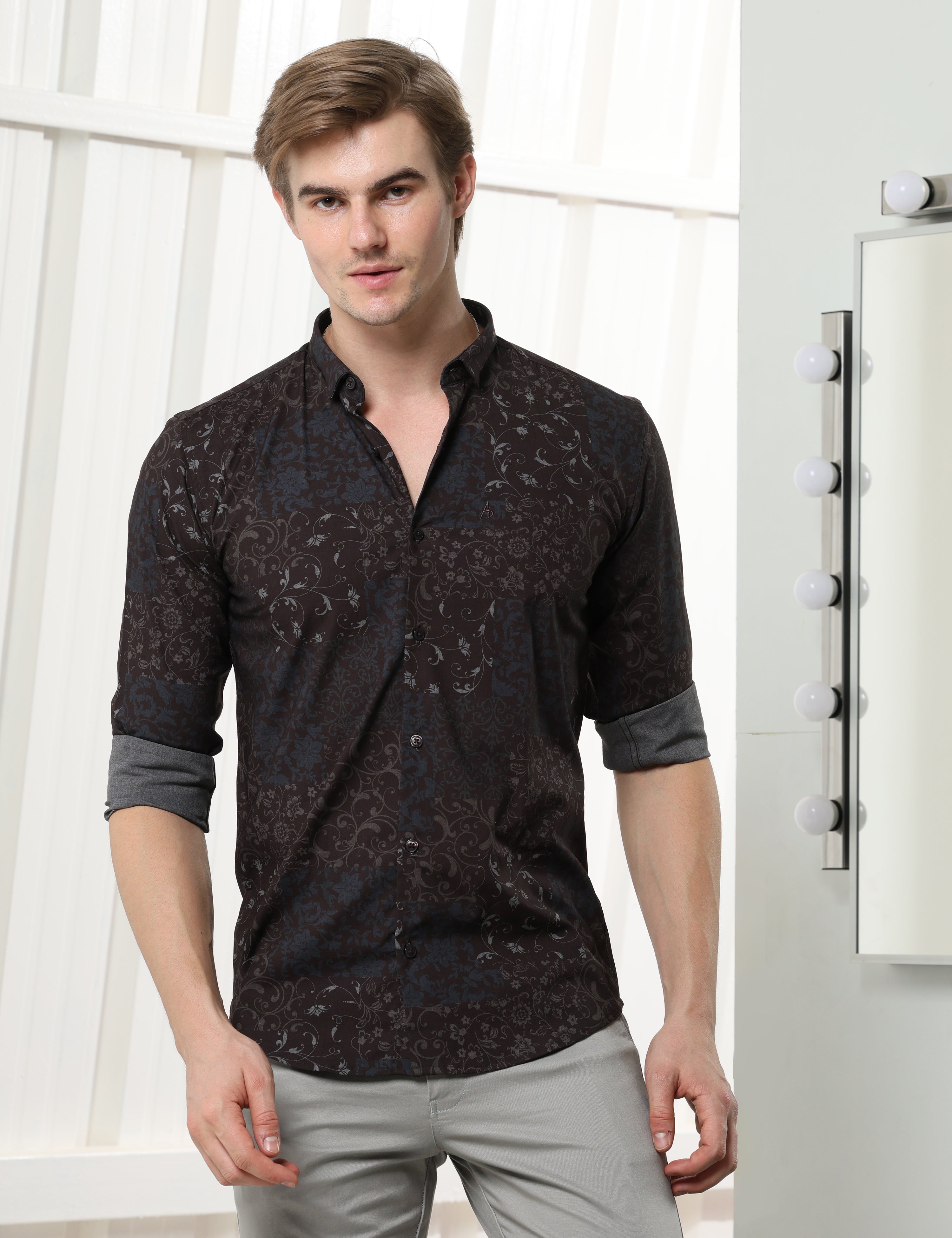 Coffee Brown floral slim fit shirts