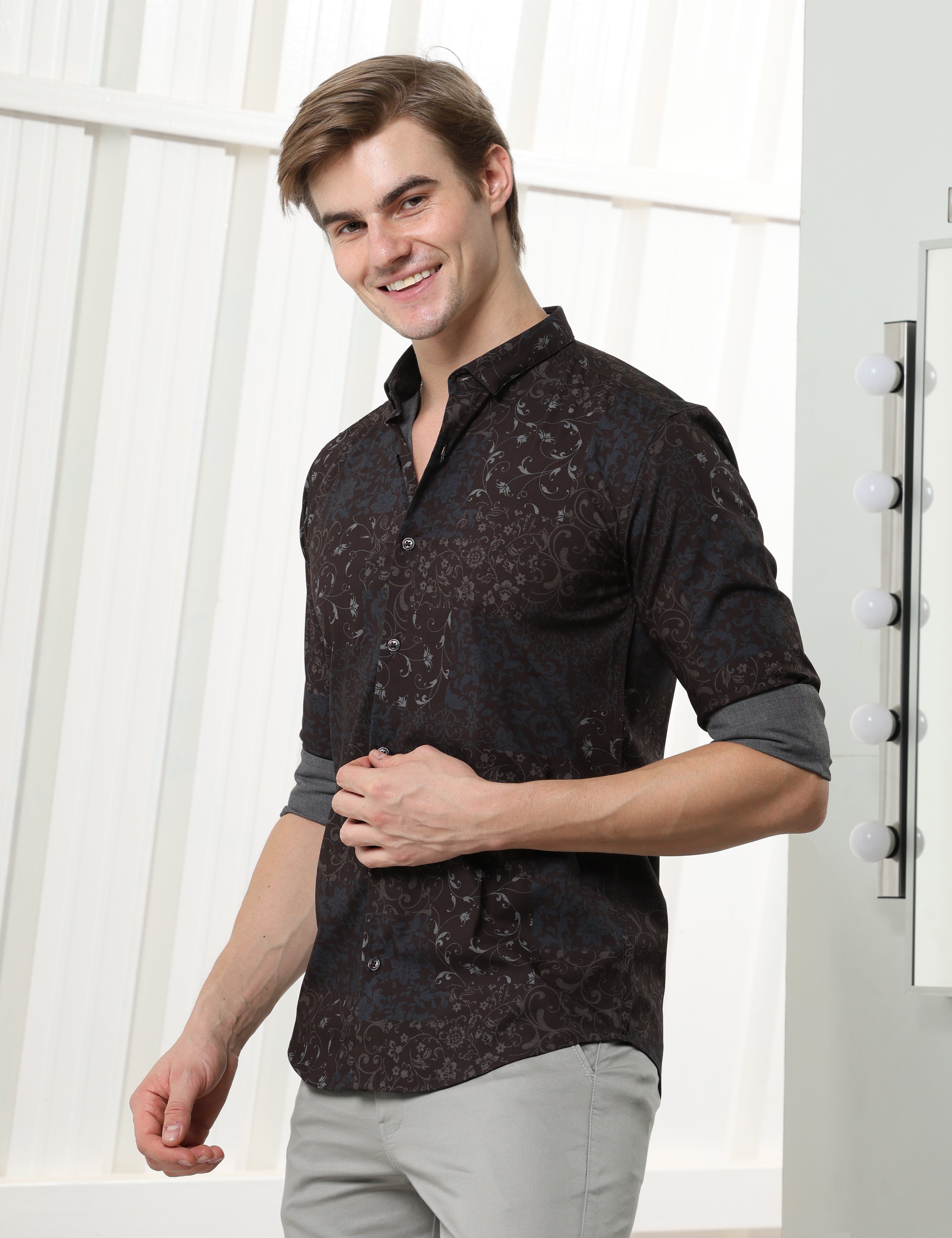 Coffee Brown floral slim fit shirts