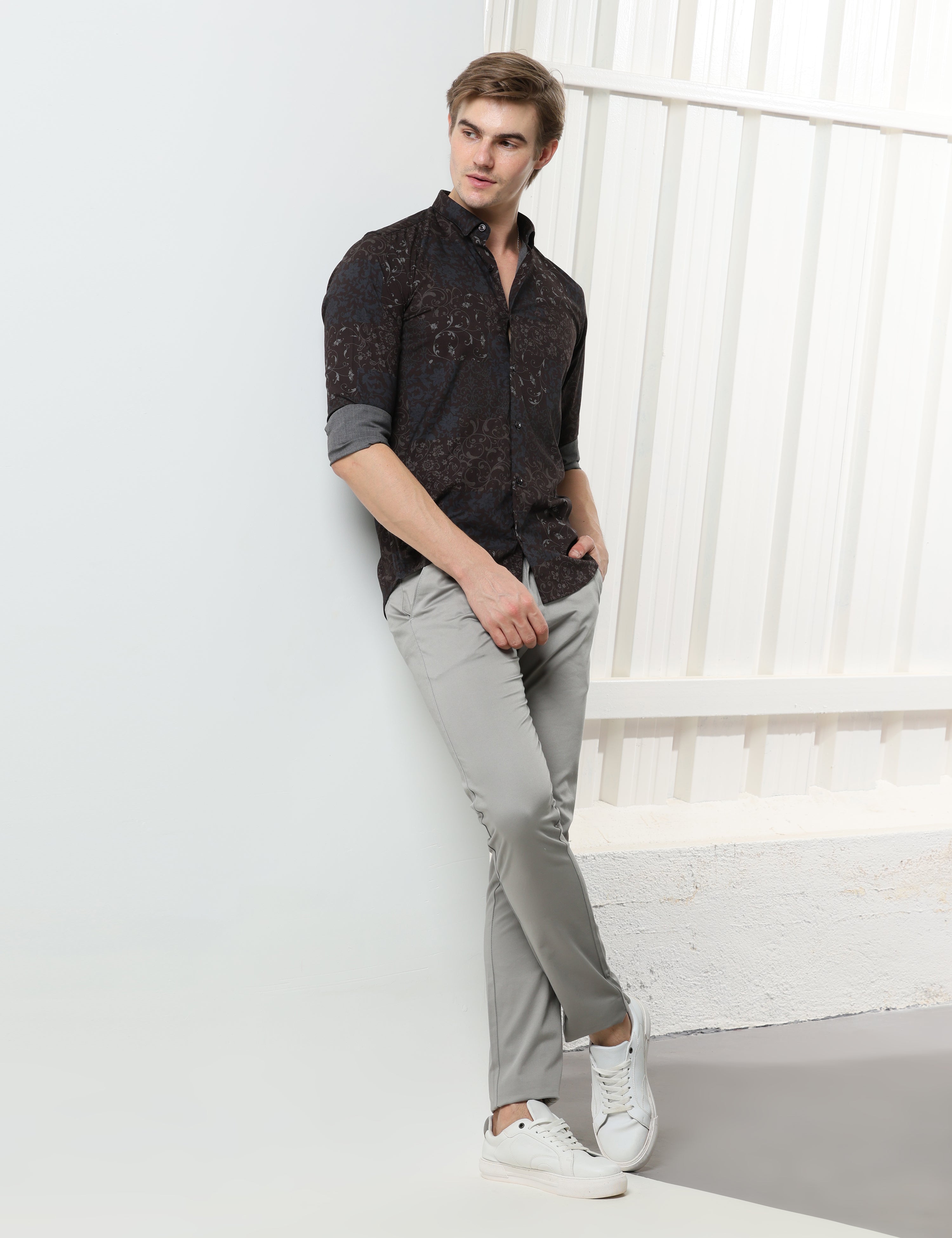 Coffee Brown floral slim fit shirts