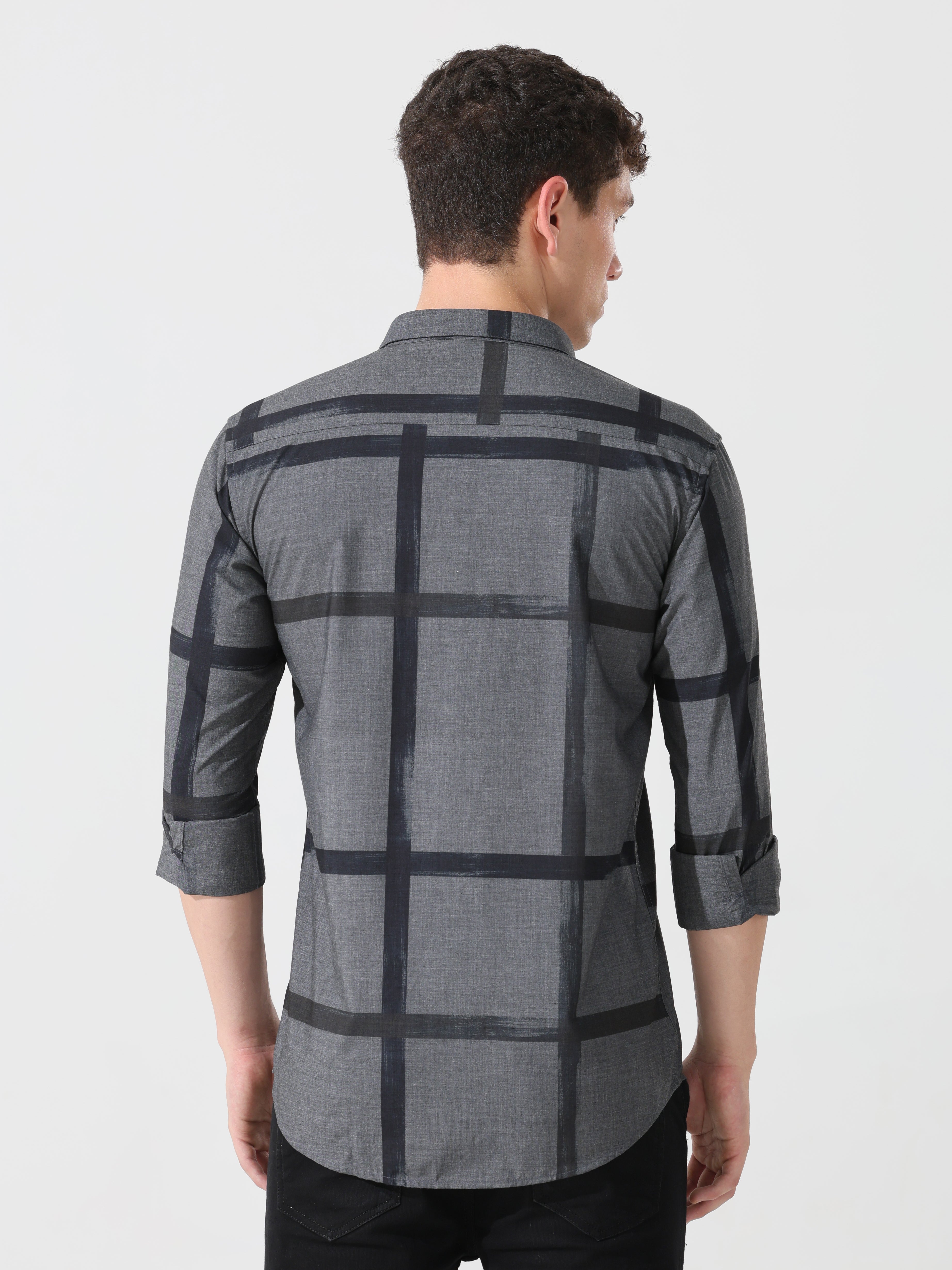 Dark grey slim fit check shirt