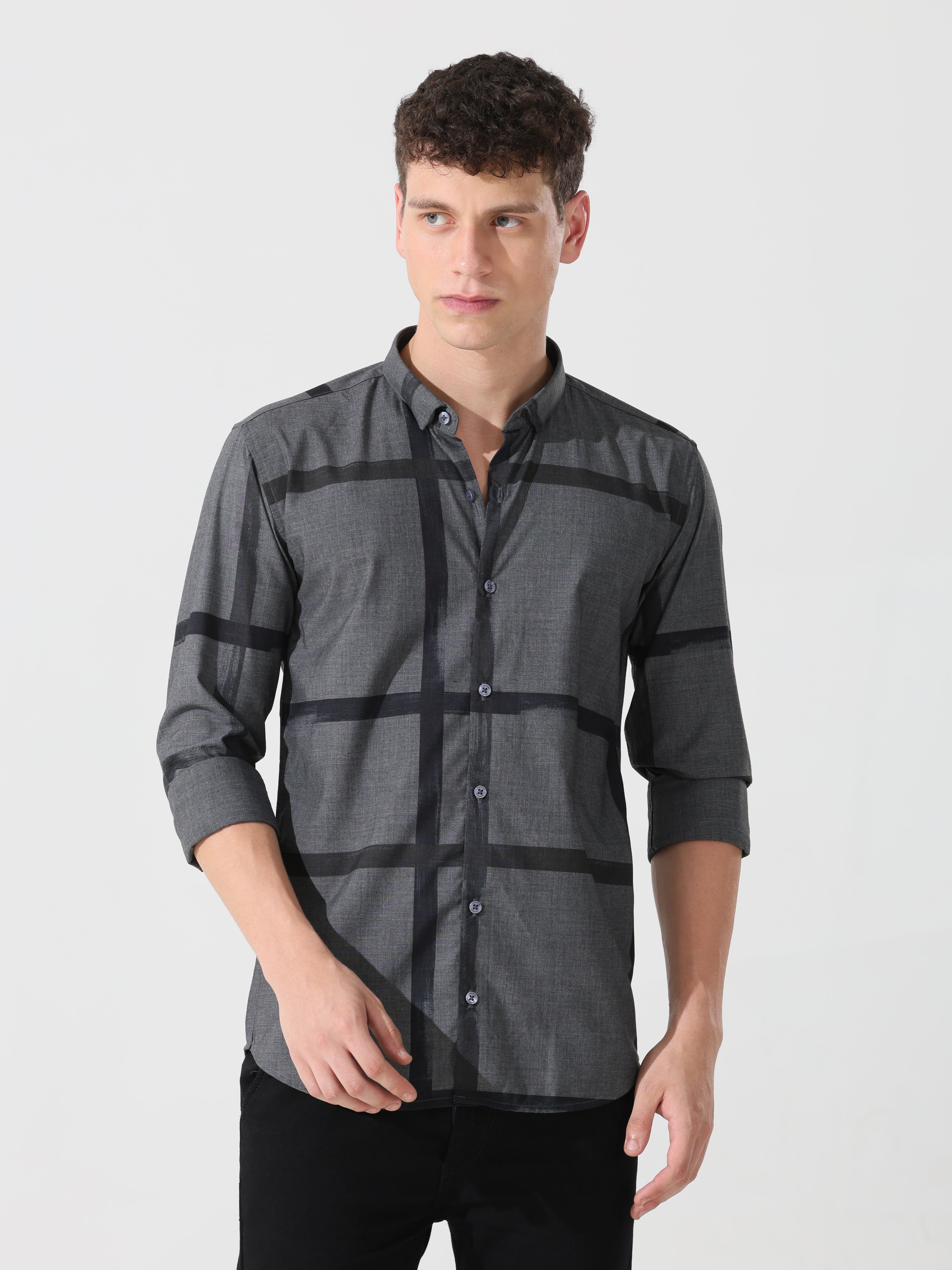 Dark grey slim fit check shirt