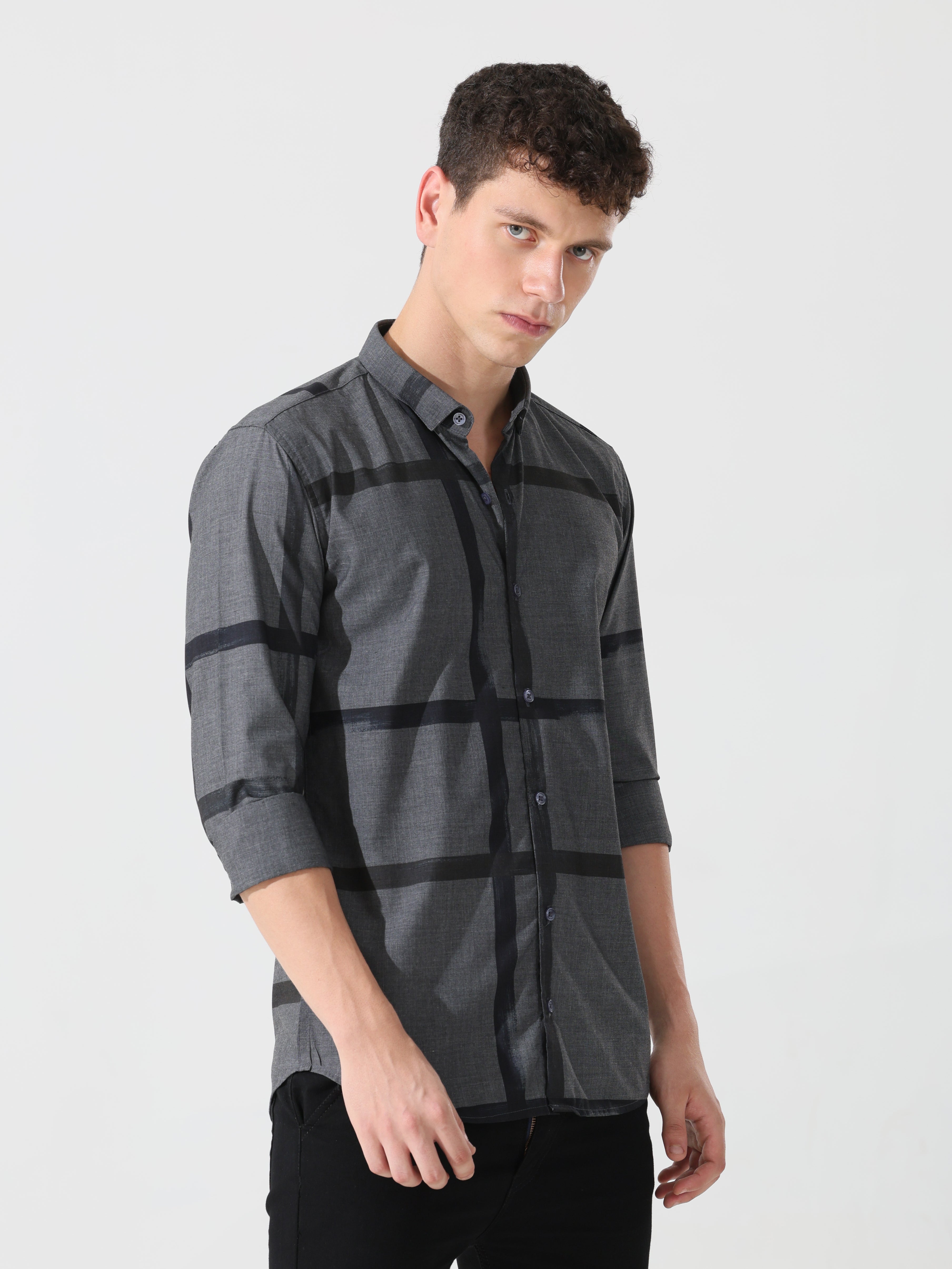 Dark grey slim fit check shirt