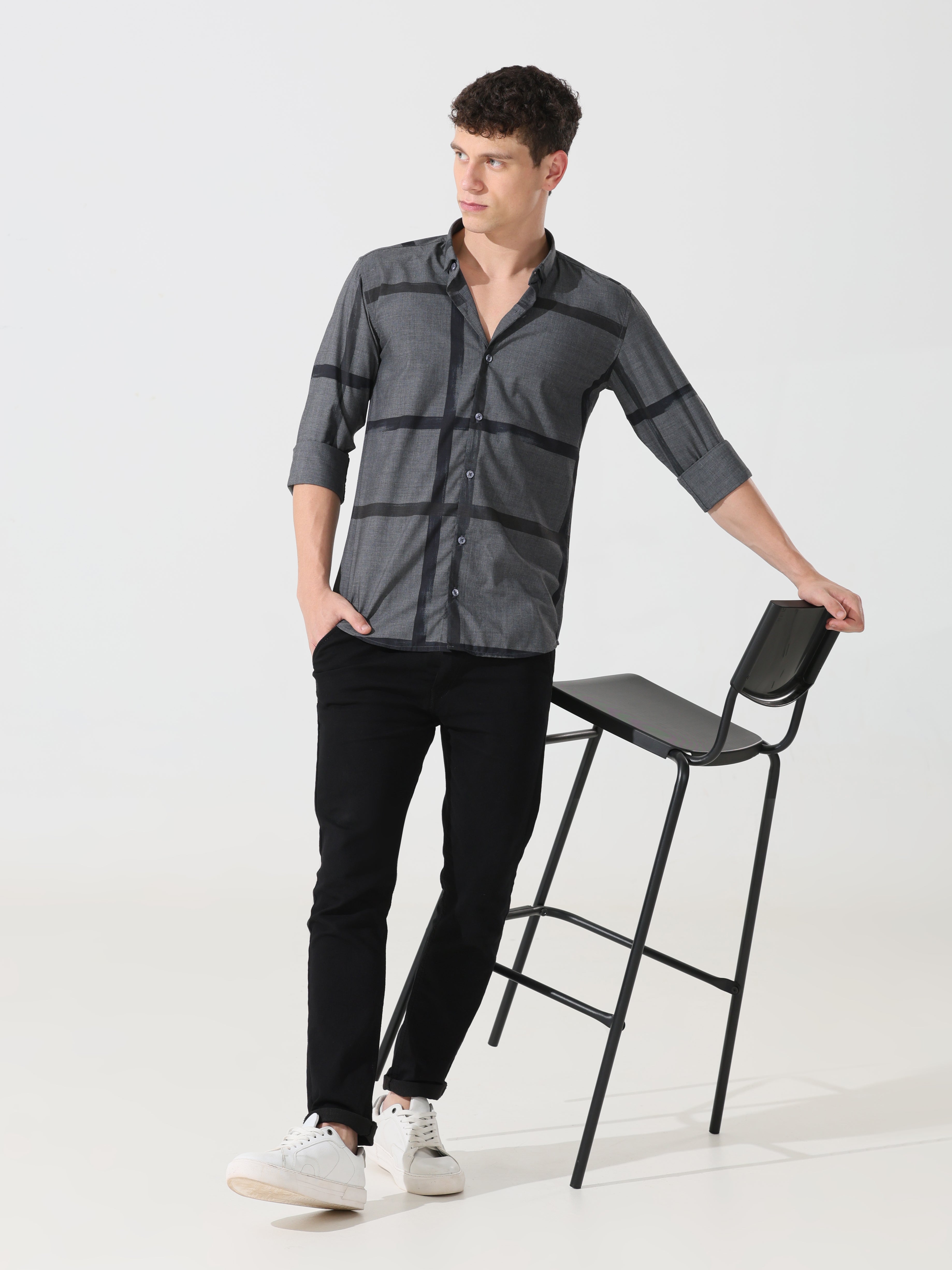 Dark grey slim fit check shirt