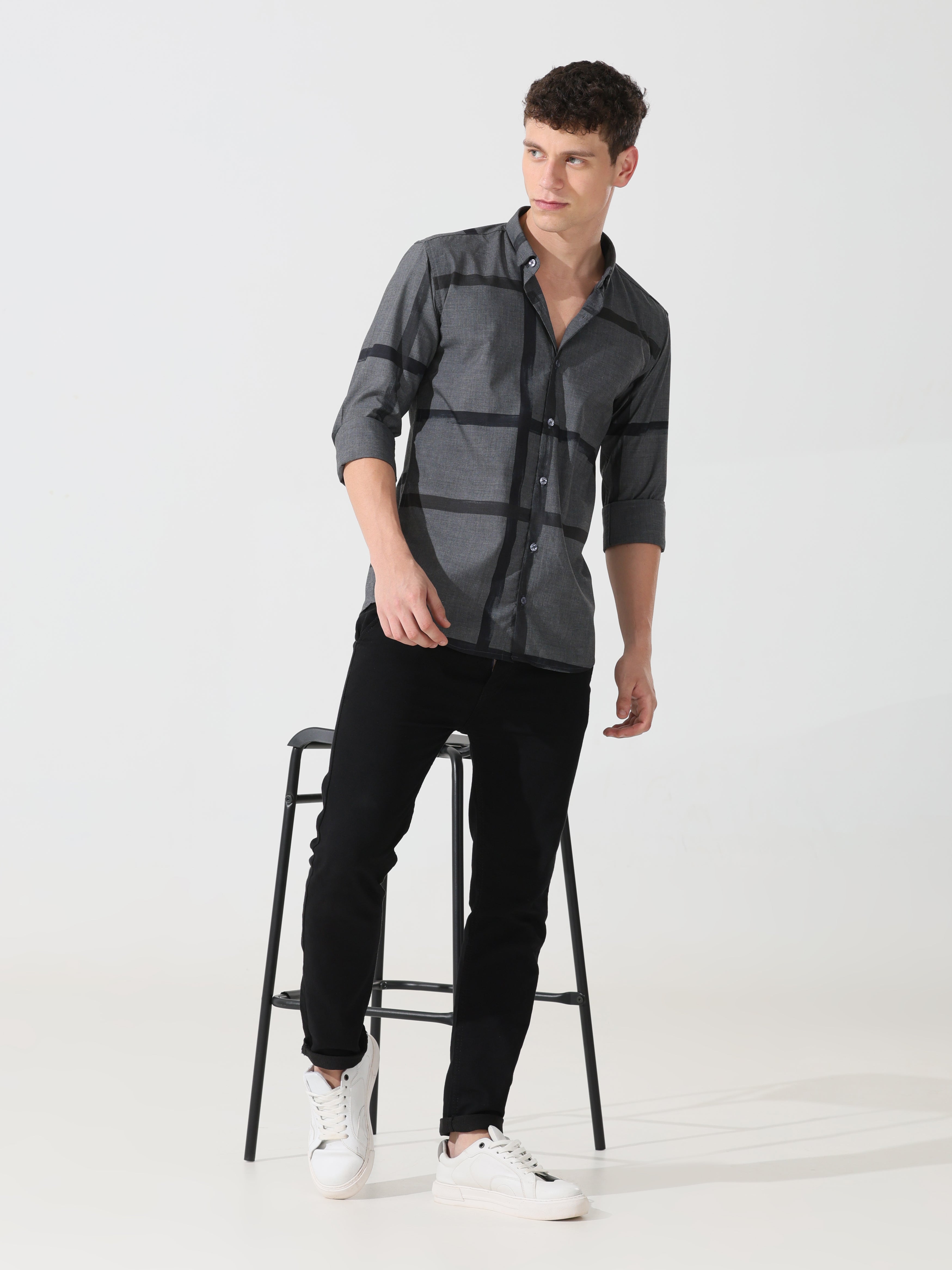 Dark grey slim fit check shirt