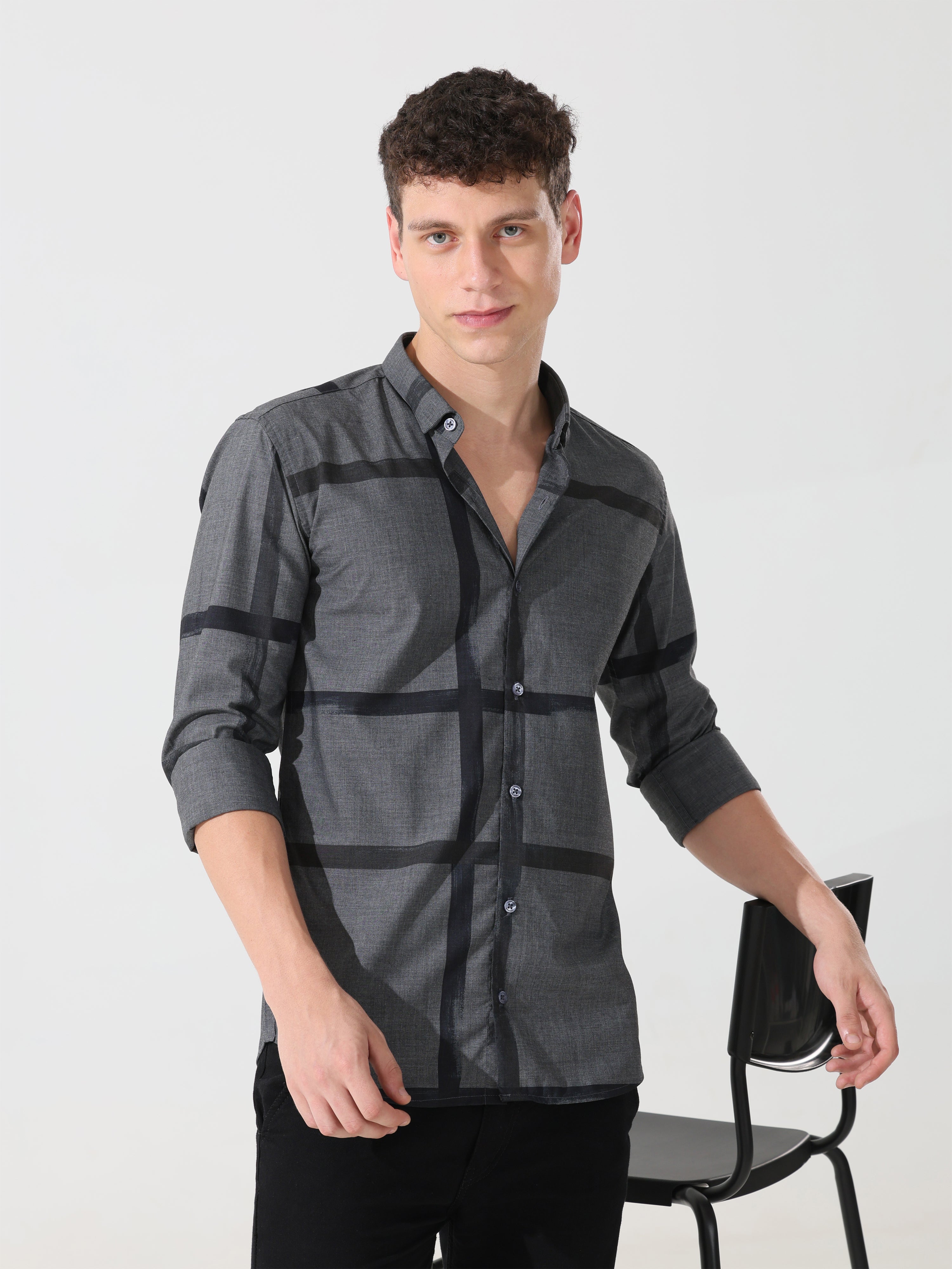 Dark grey slim fit check shirt