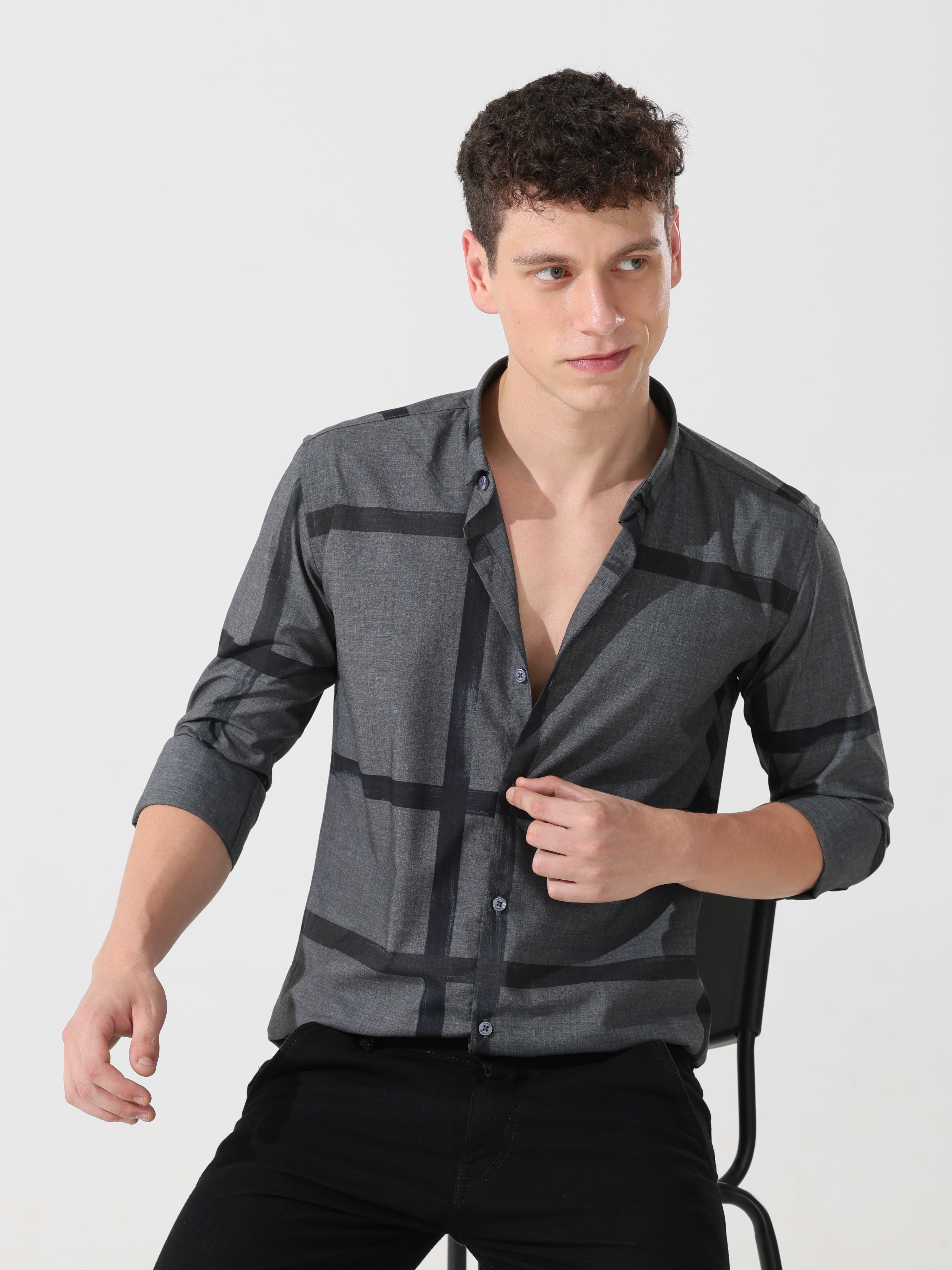 Dark grey slim fit check shirt