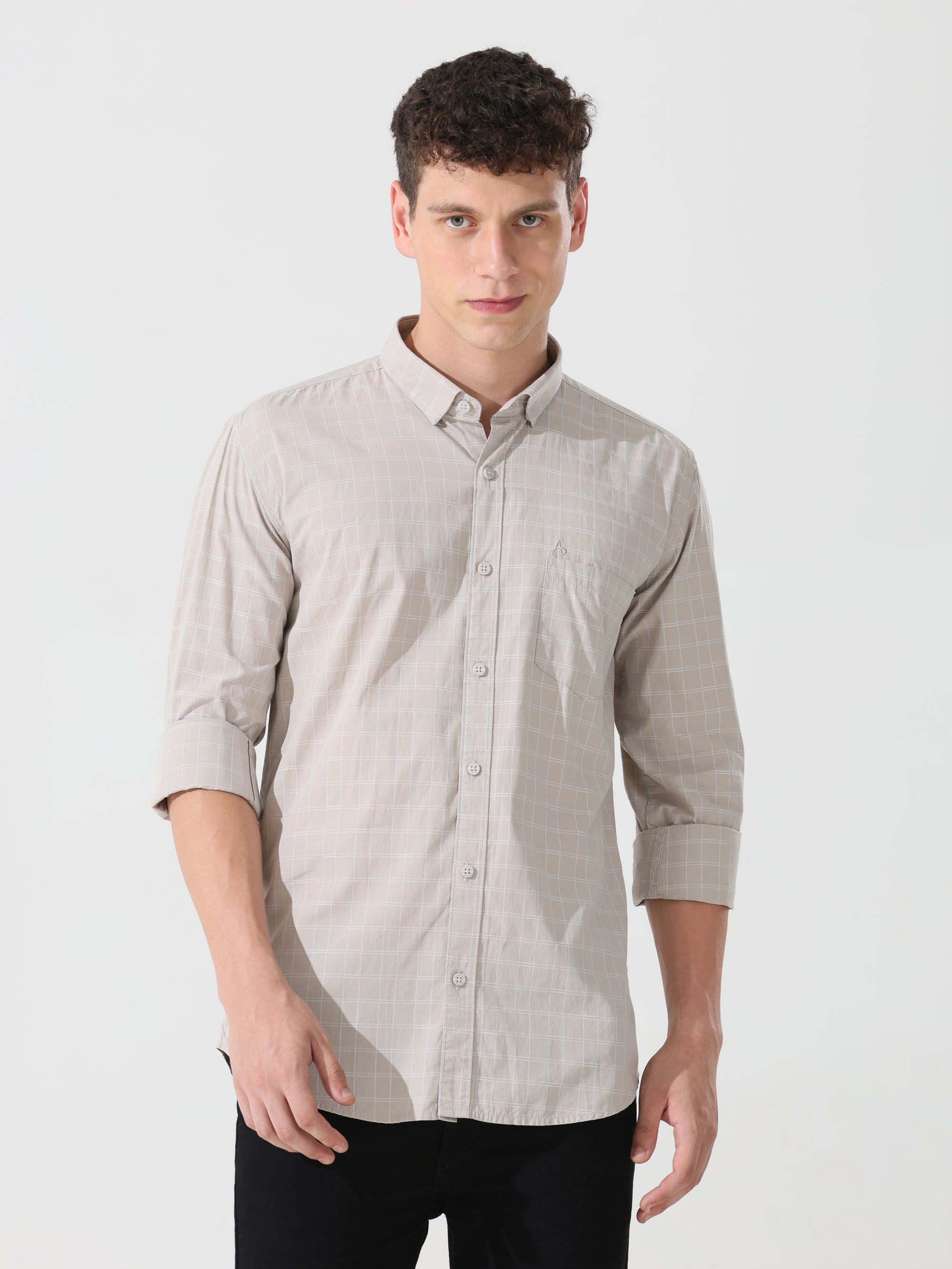 Oatmeal check slim fit shirt
