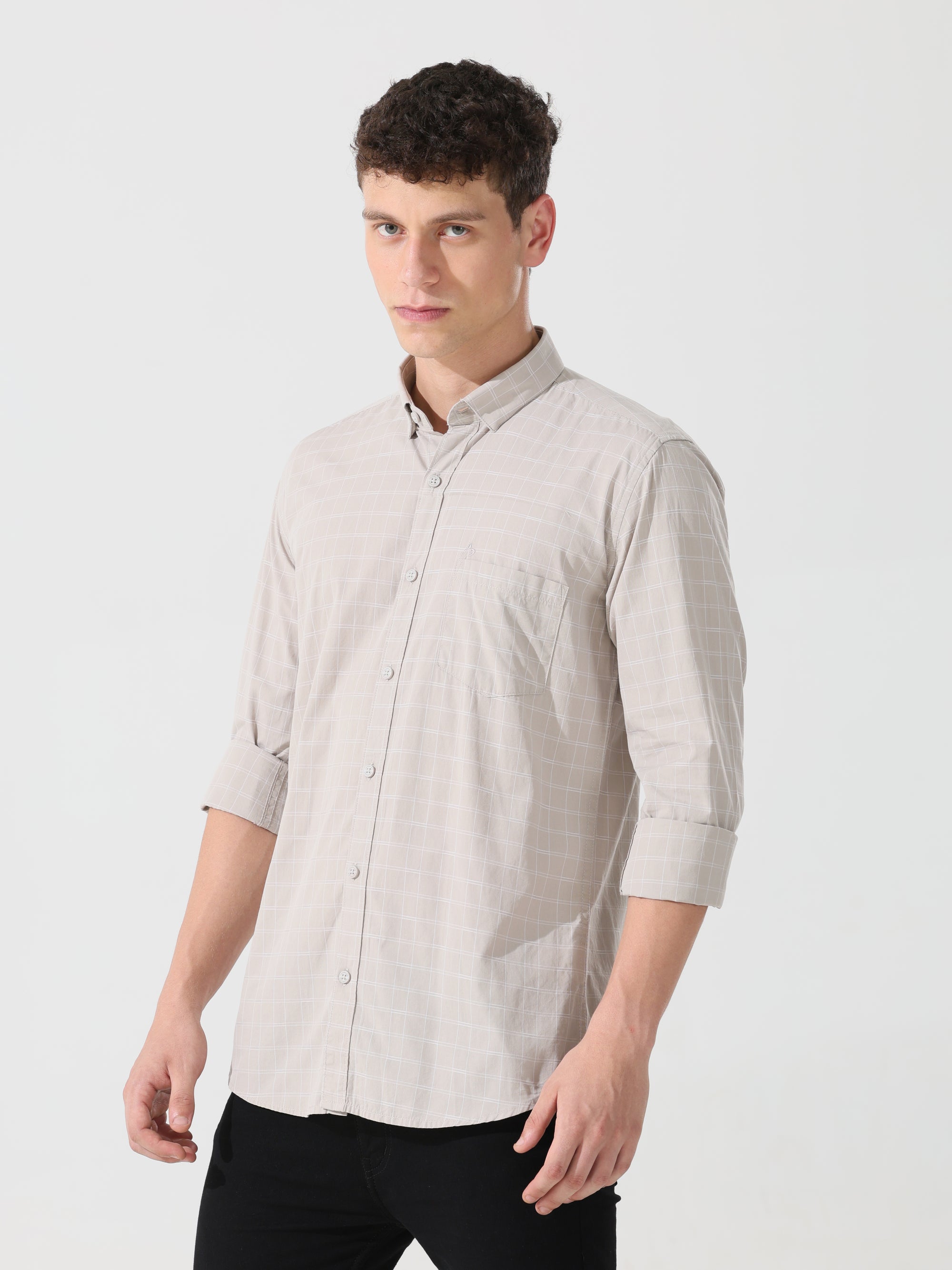 Oatmeal check slim fit shirt