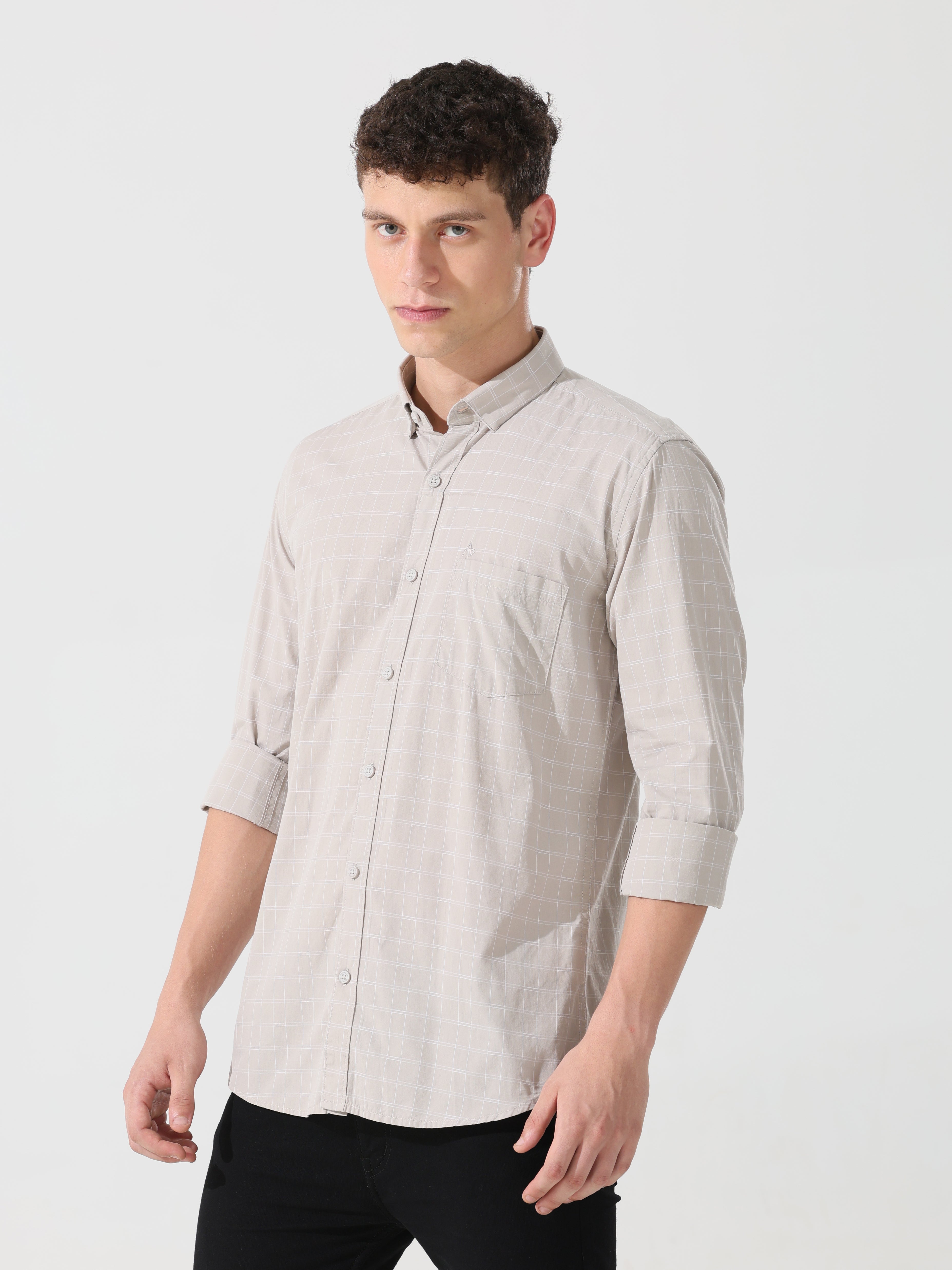 Oatmeal check slim fit shirt