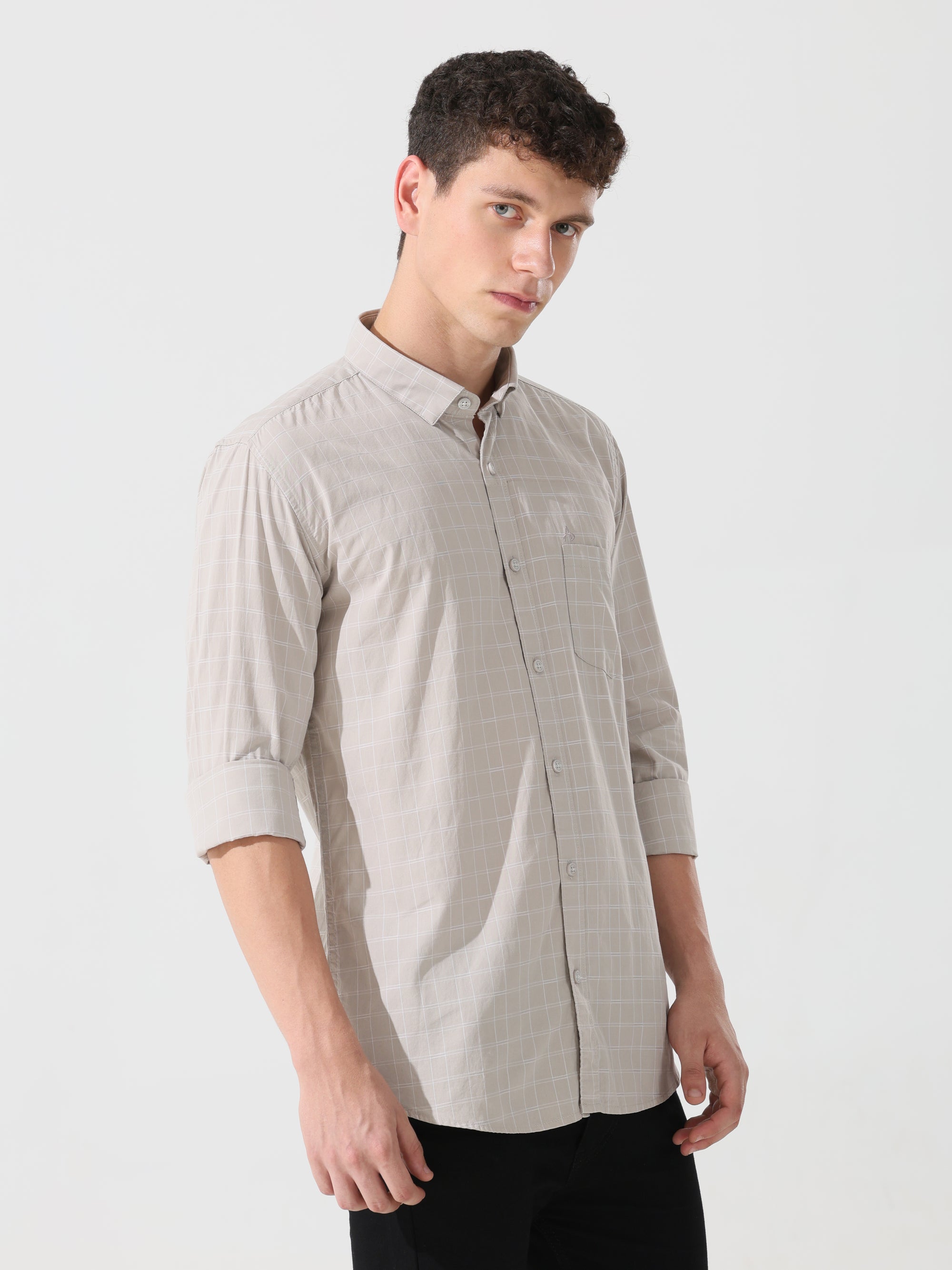 Oatmeal check slim fit shirt