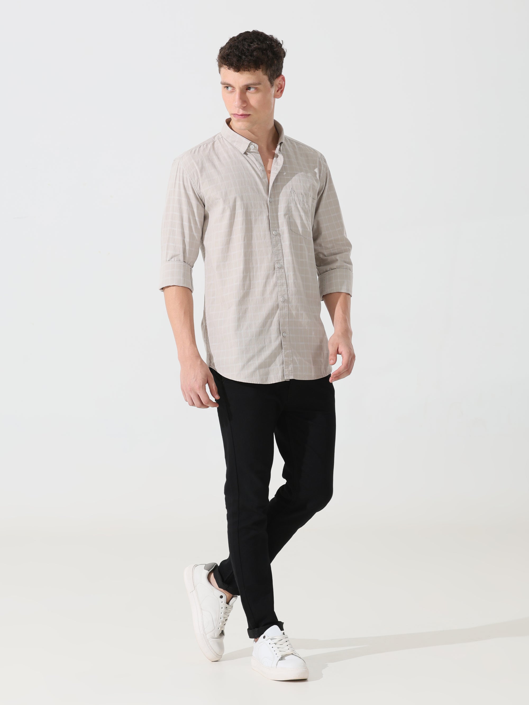 Oatmeal check slim fit shirt