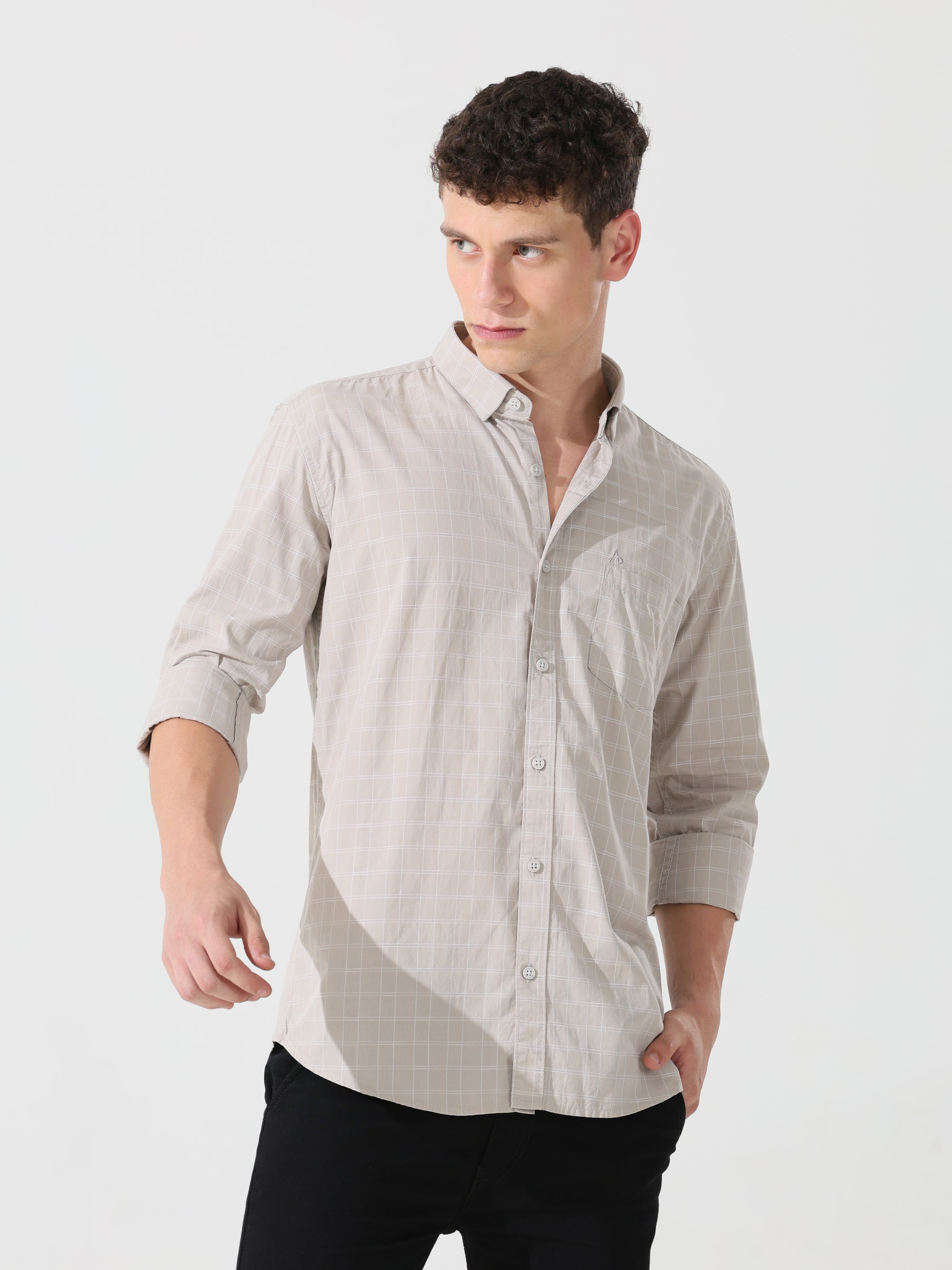 Oatmeal check slim fit shirt