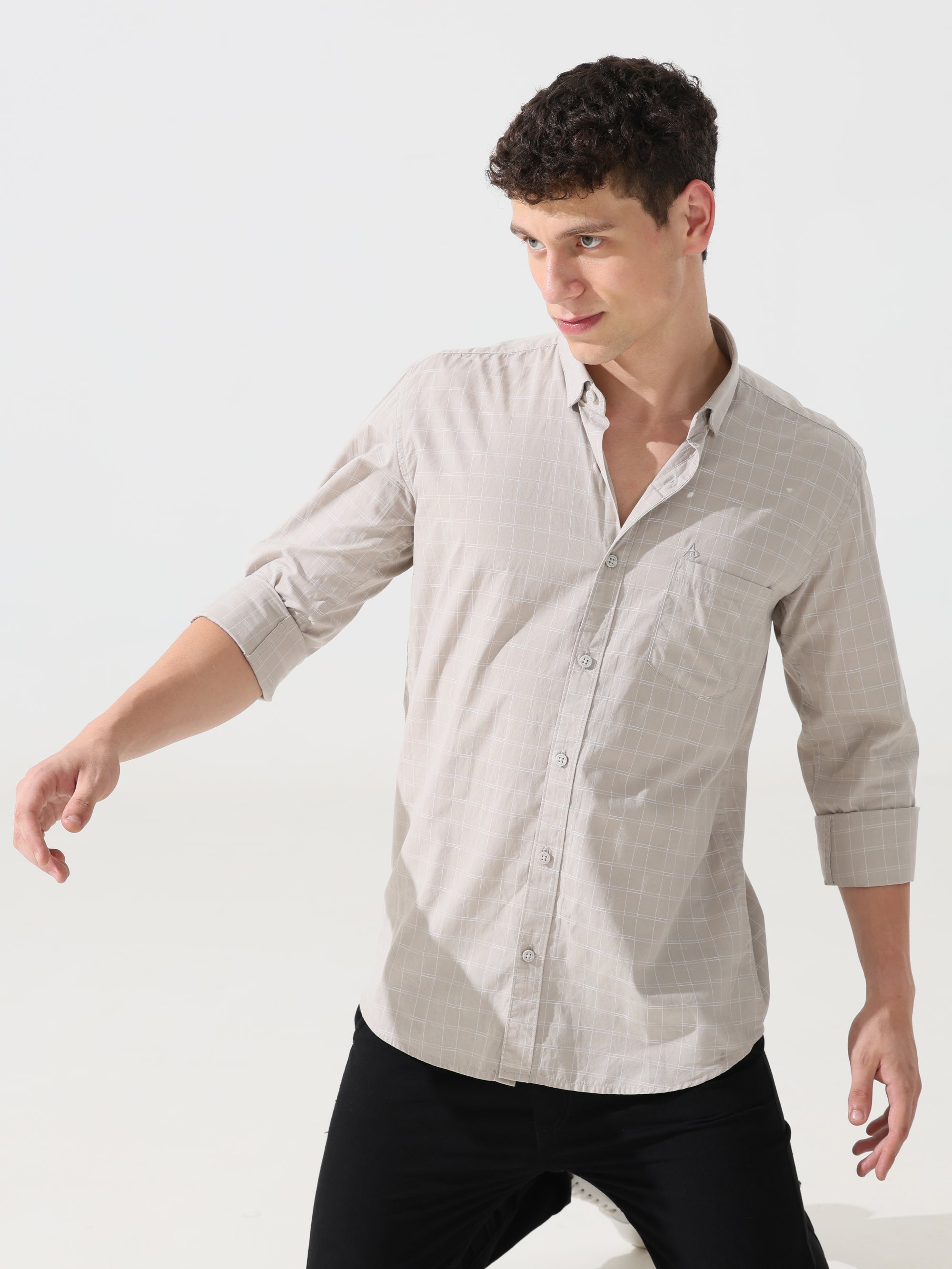 Oatmeal check slim fit shirt