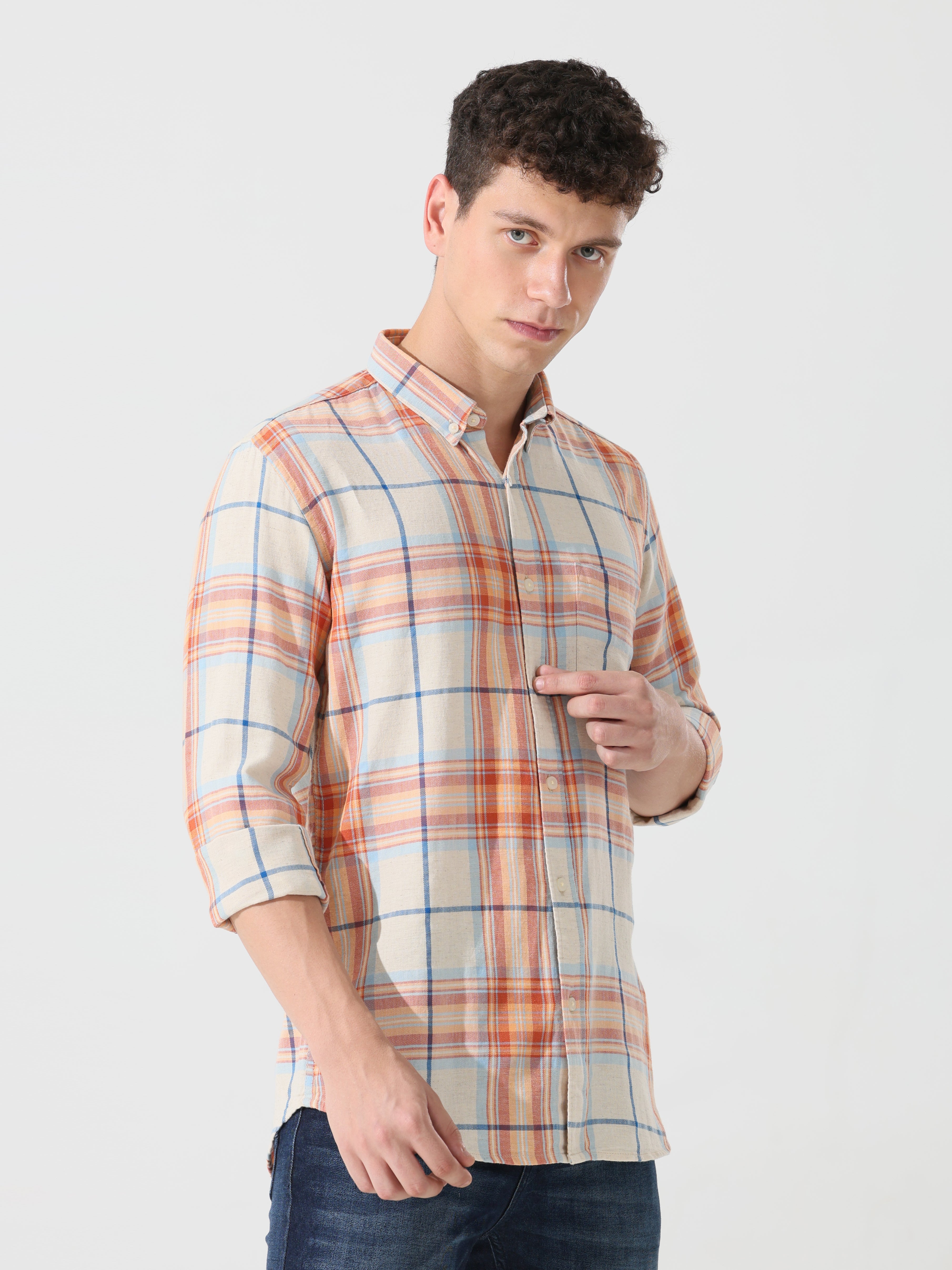 Orange check slim fit shirts - Address pro