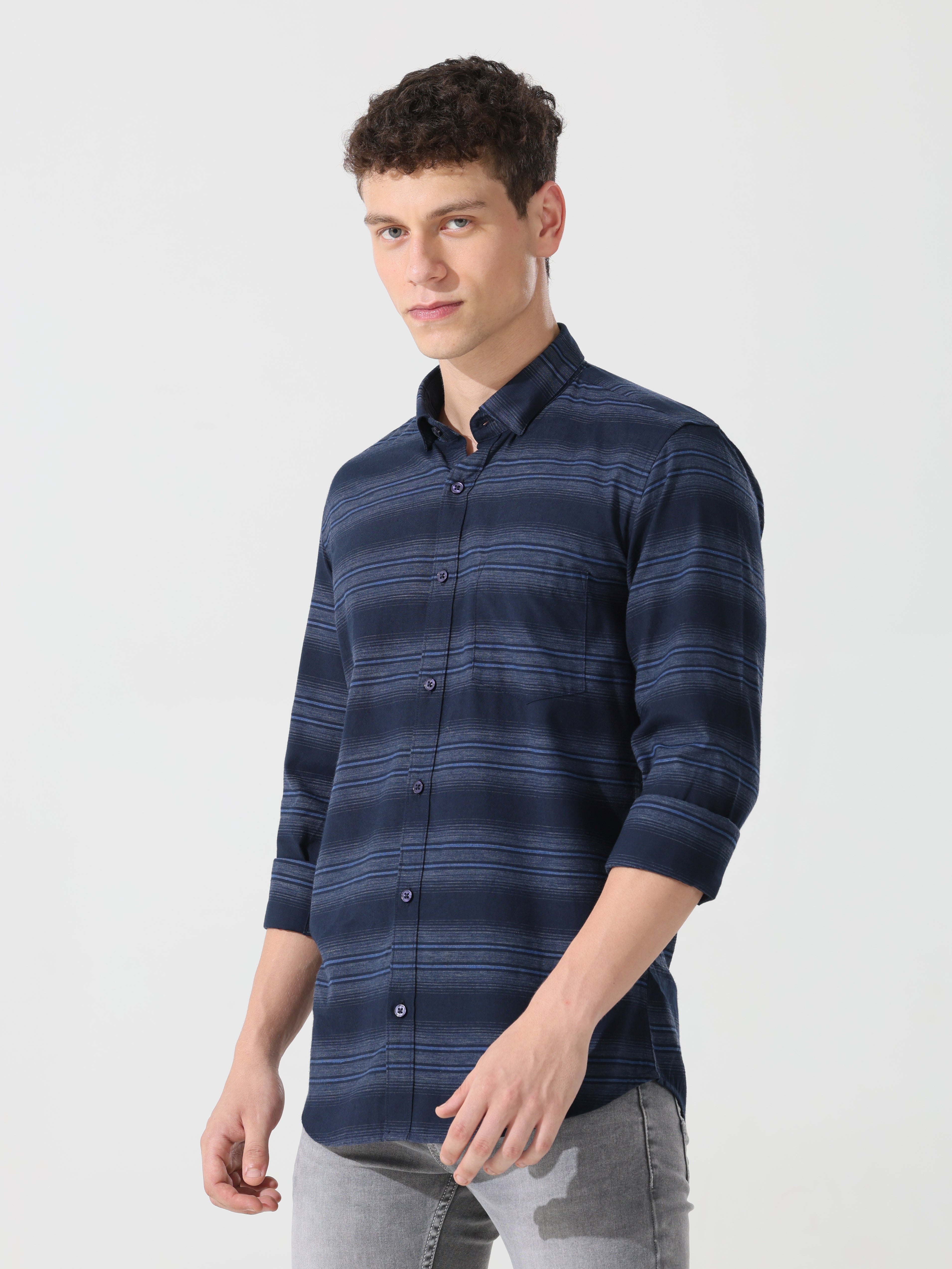 Navy blue stripe slim fit shirts - Address pro