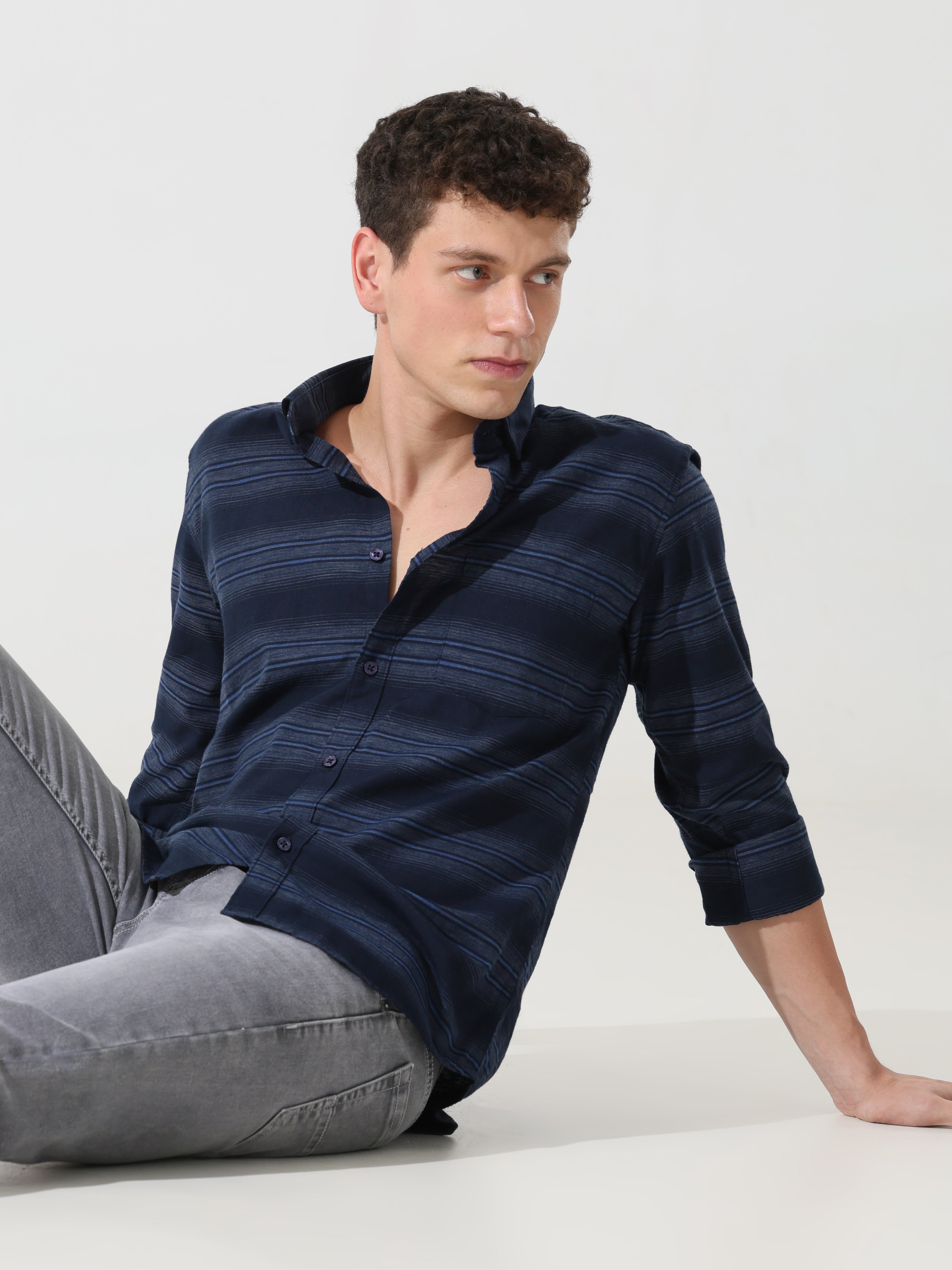 Navy blue stripe slim fit shirts - Address pro