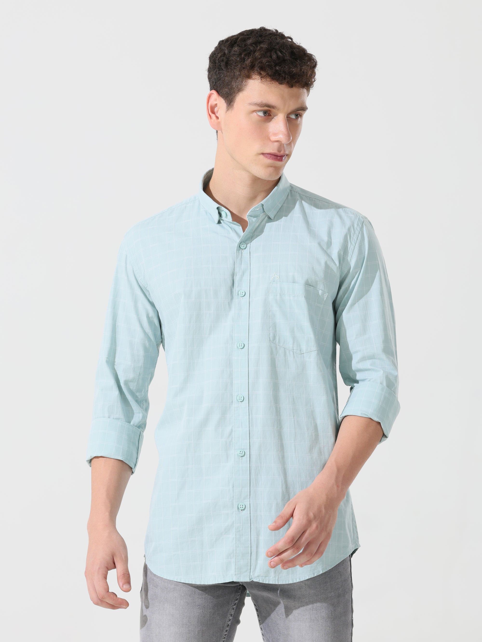 Pastel green check slim fit shirt