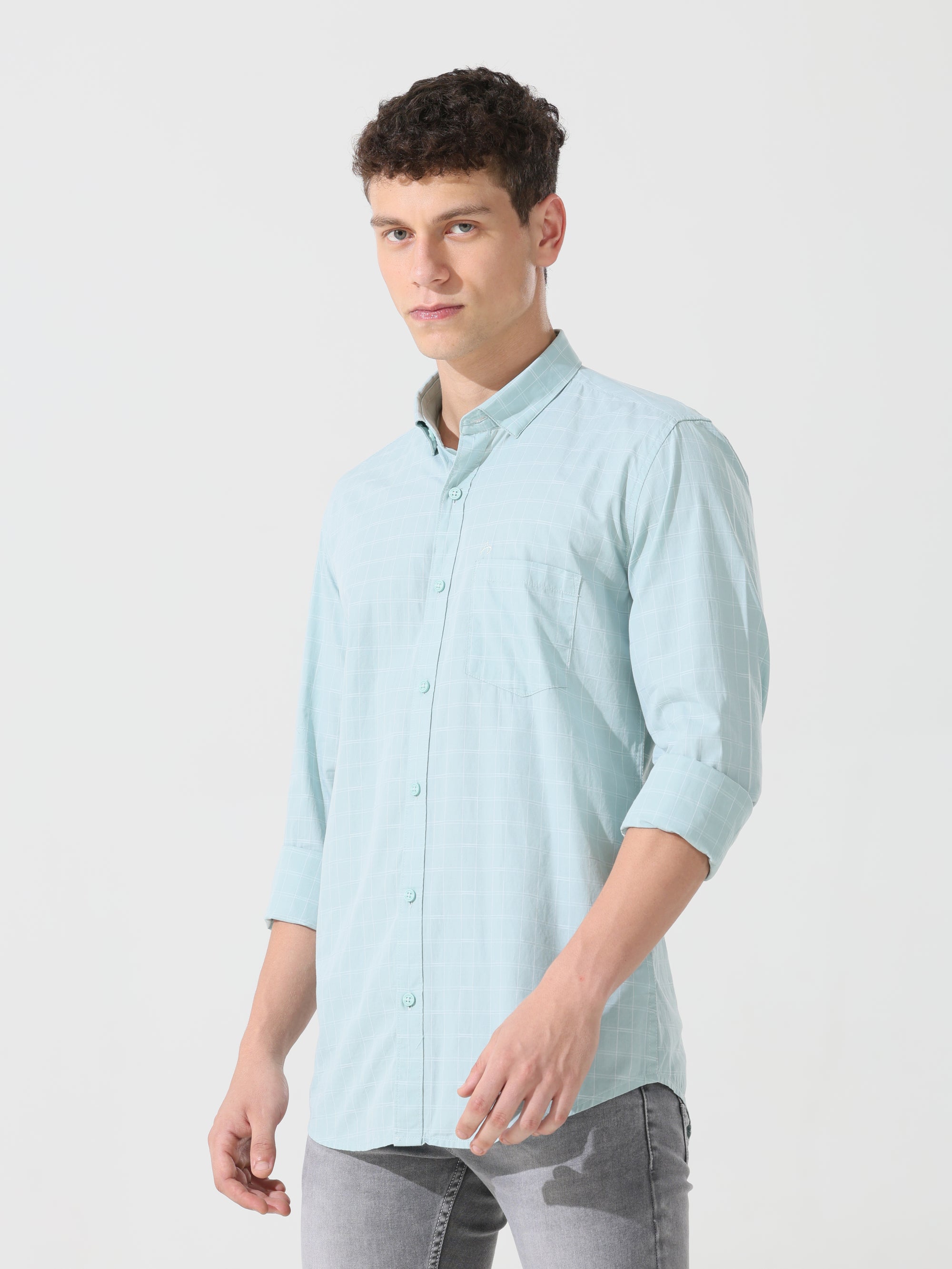 Pastel green check slim fit shirt