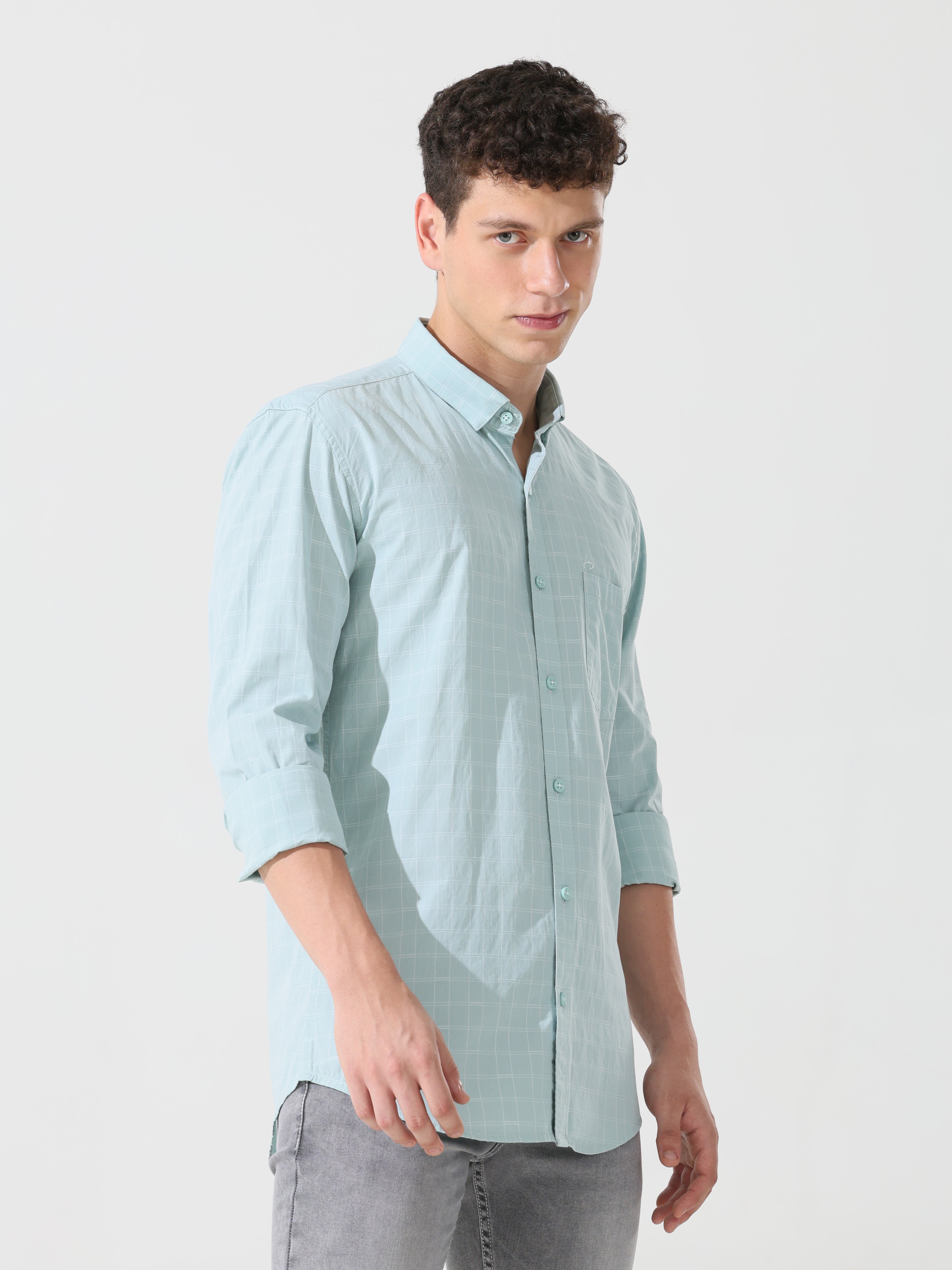 Pastel green check slim fit shirt