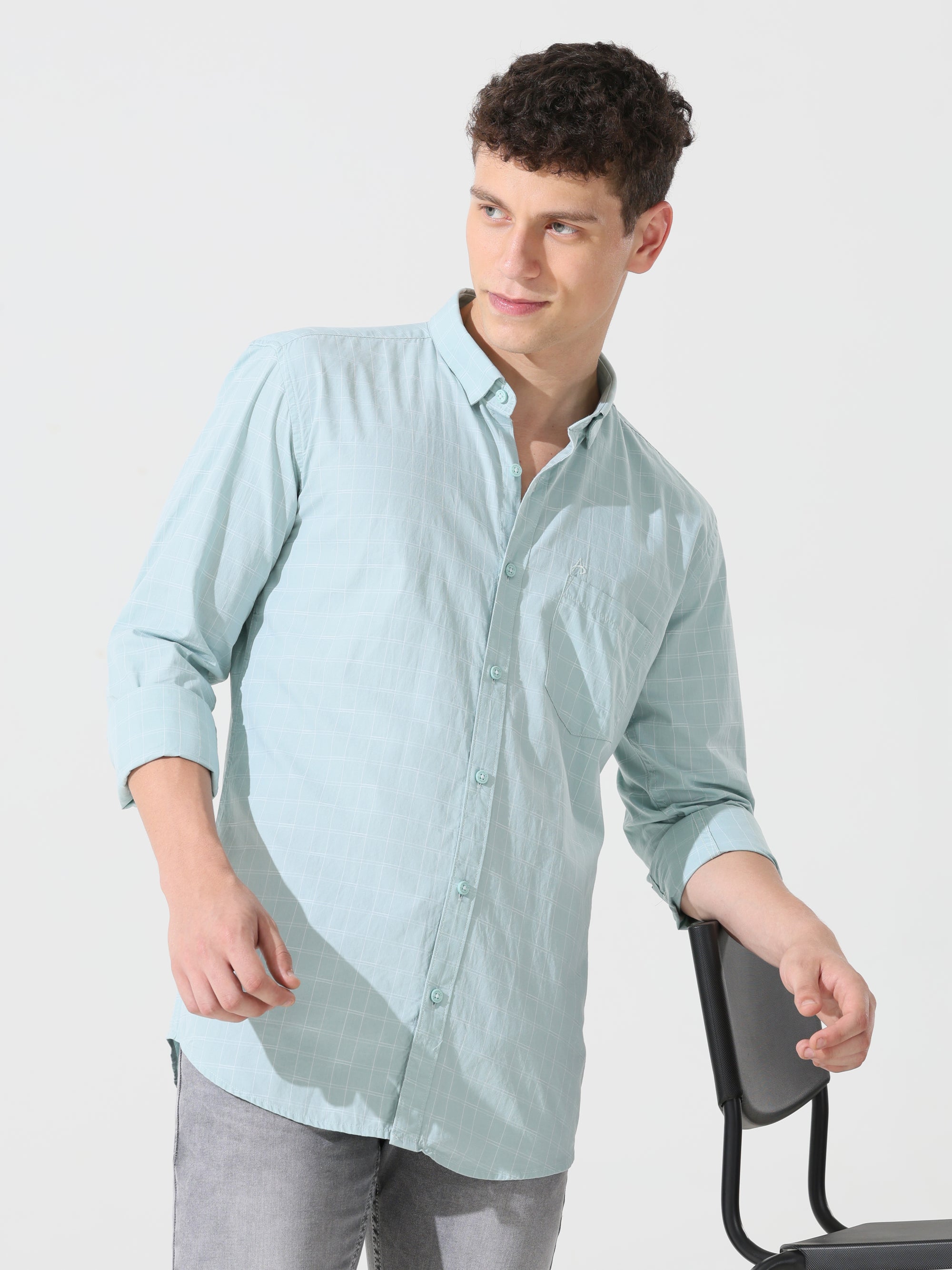 Pastel green check slim fit shirt