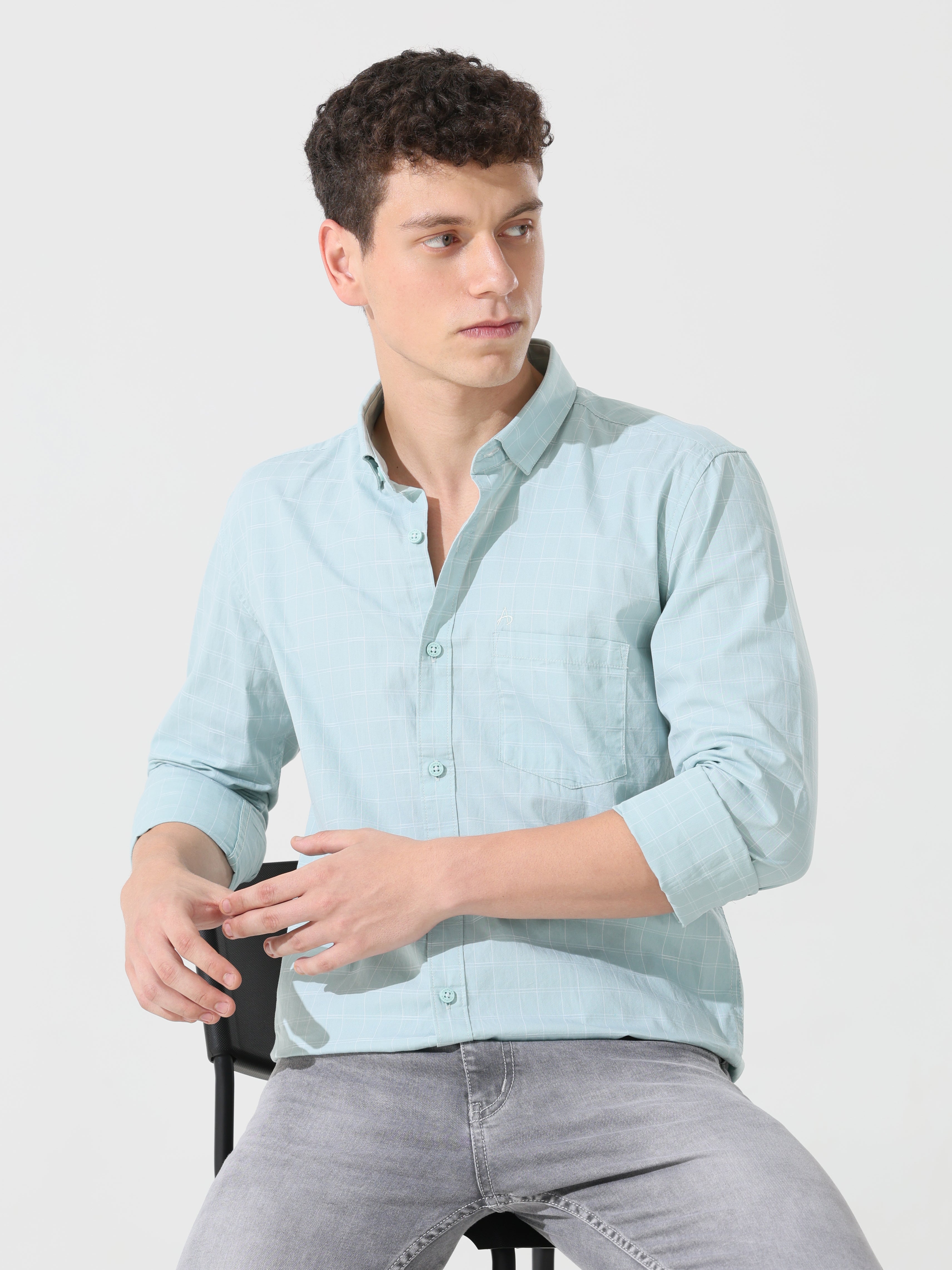 Pastel green check slim fit shirt