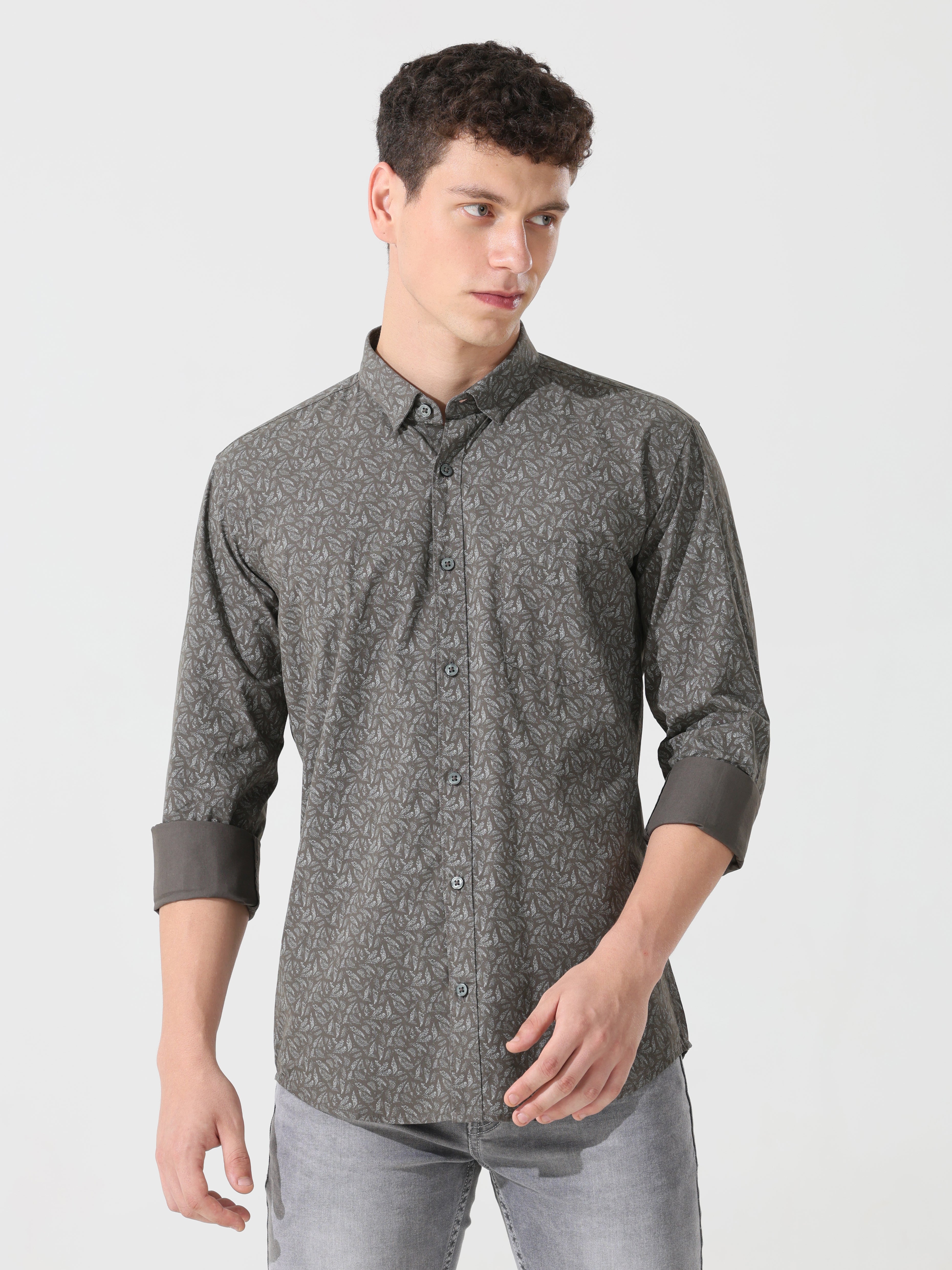 pewter printed slim fit shirts - Address pro