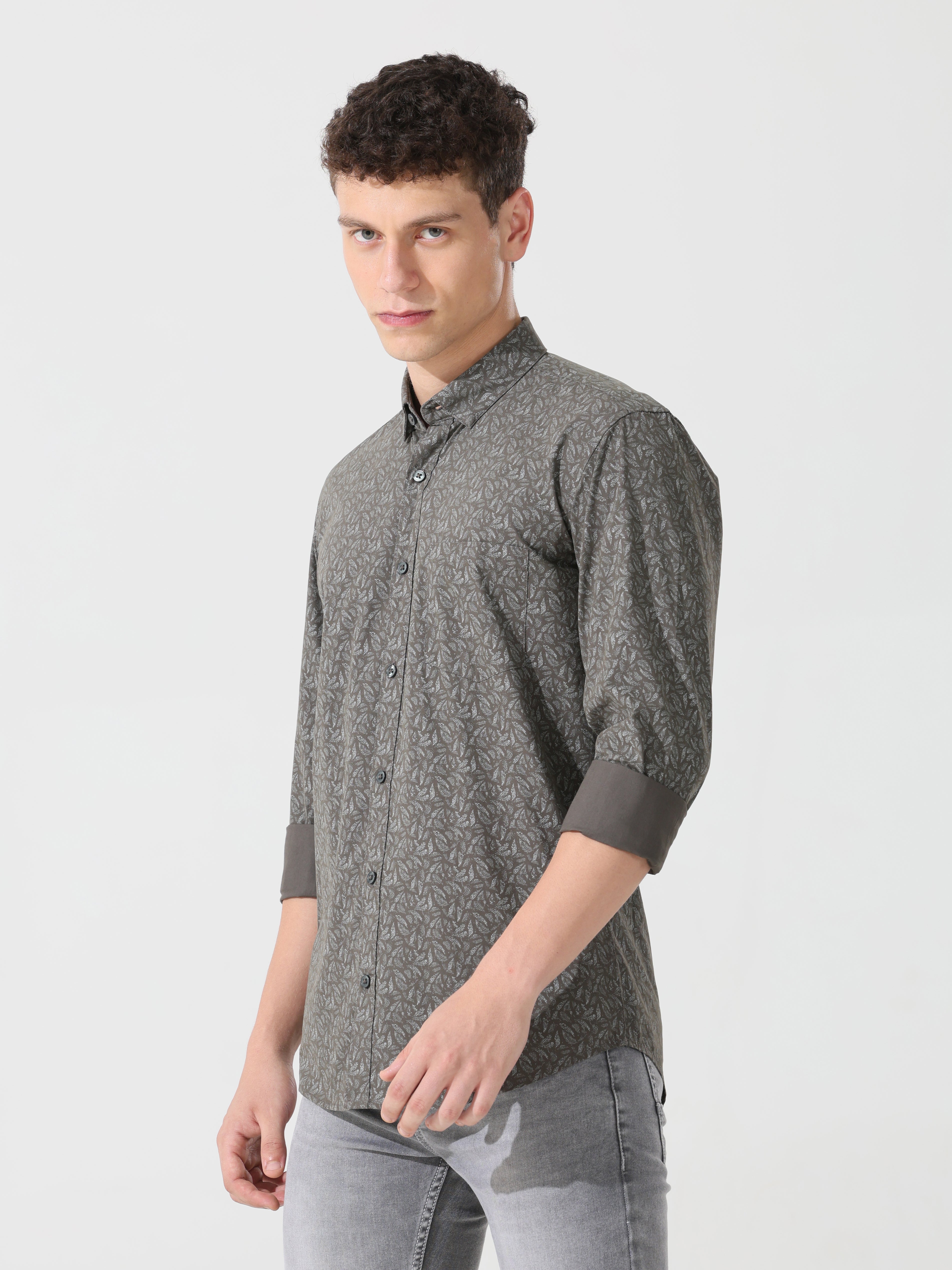 pewter printed slim fit shirts - Address pro