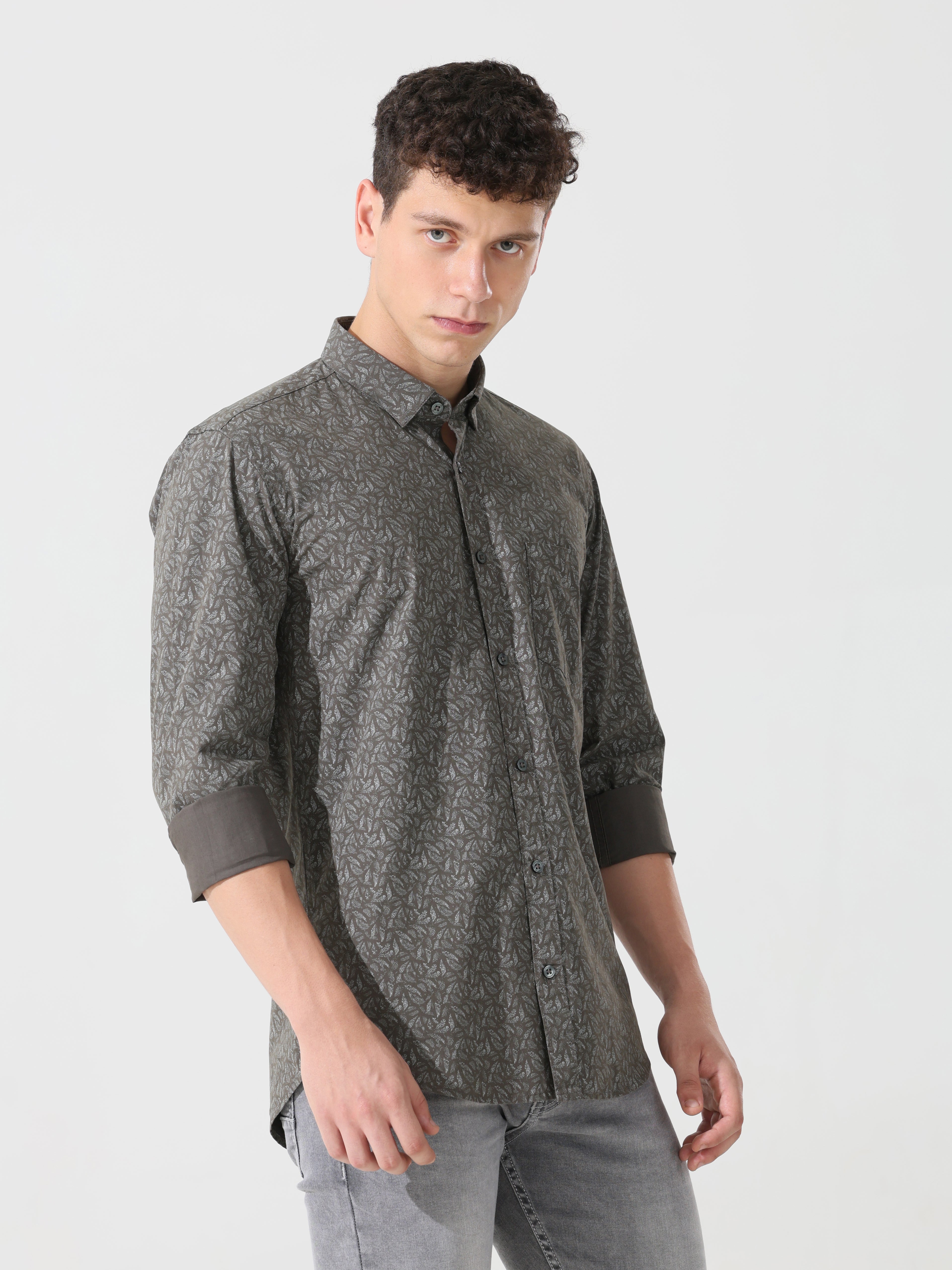 pewter printed slim fit shirts - Address pro