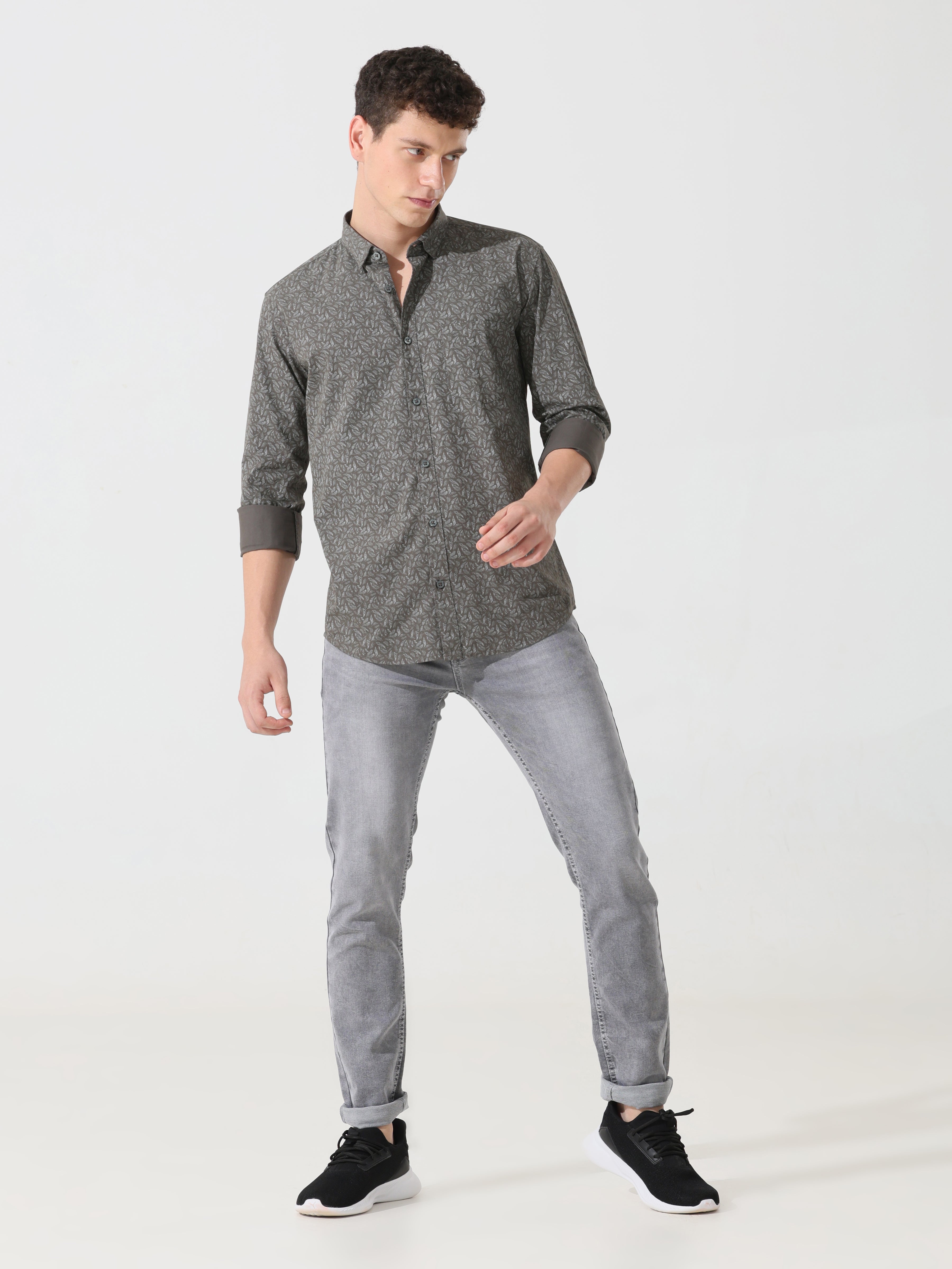 pewter printed slim fit shirts - Address pro