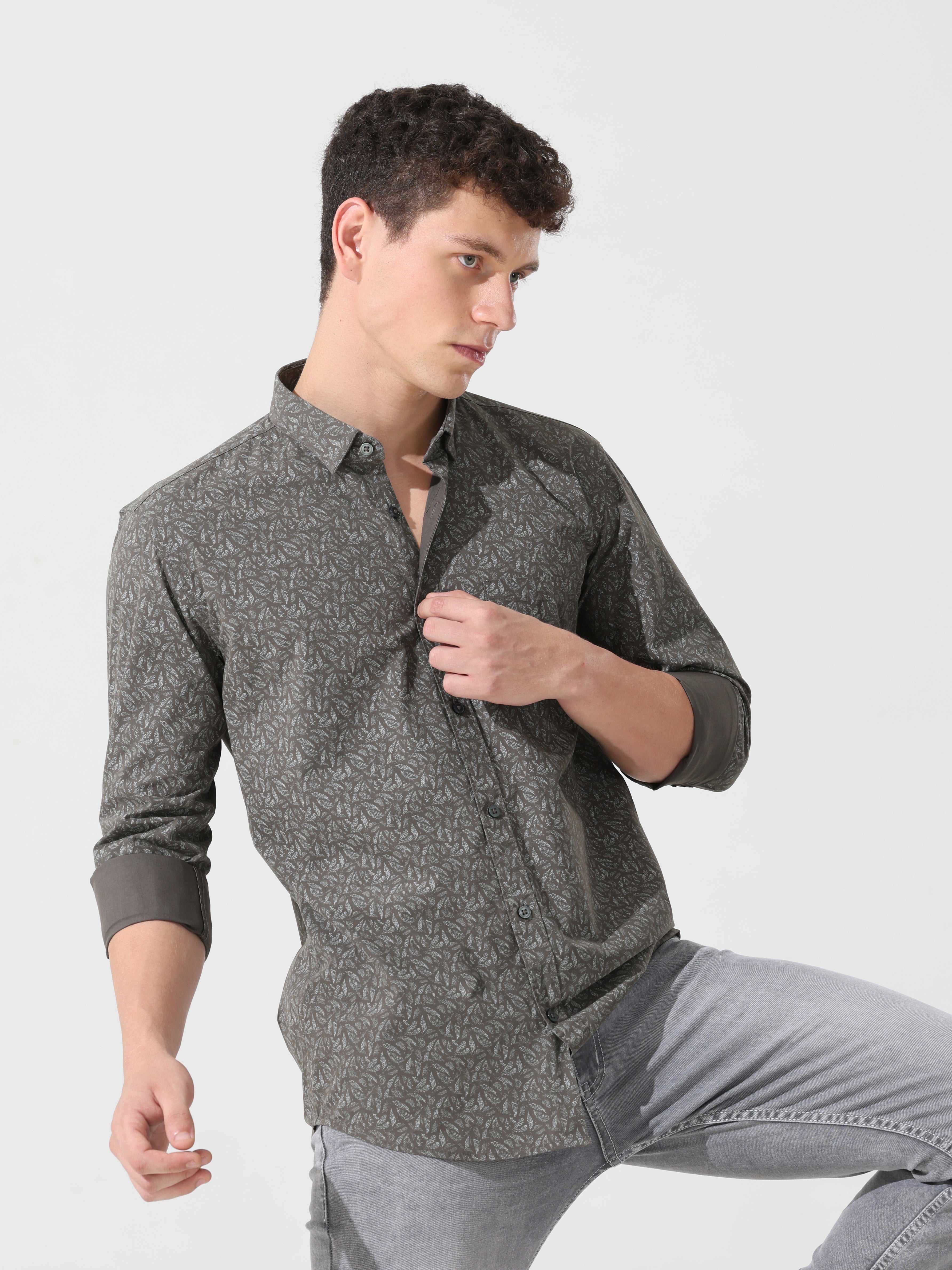 pewter printed slim fit shirts - Address pro